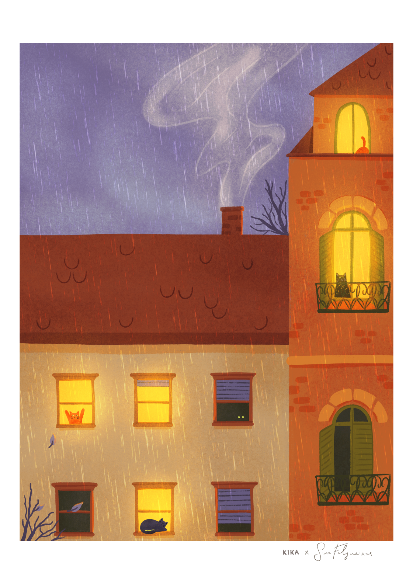 ILUSTRAÇÃO "KITTY CITY- WINTER" KIKA E SARA FELGUEIRAS Prédio com janelas iluminadas onde se veem gatos e chuva à noite