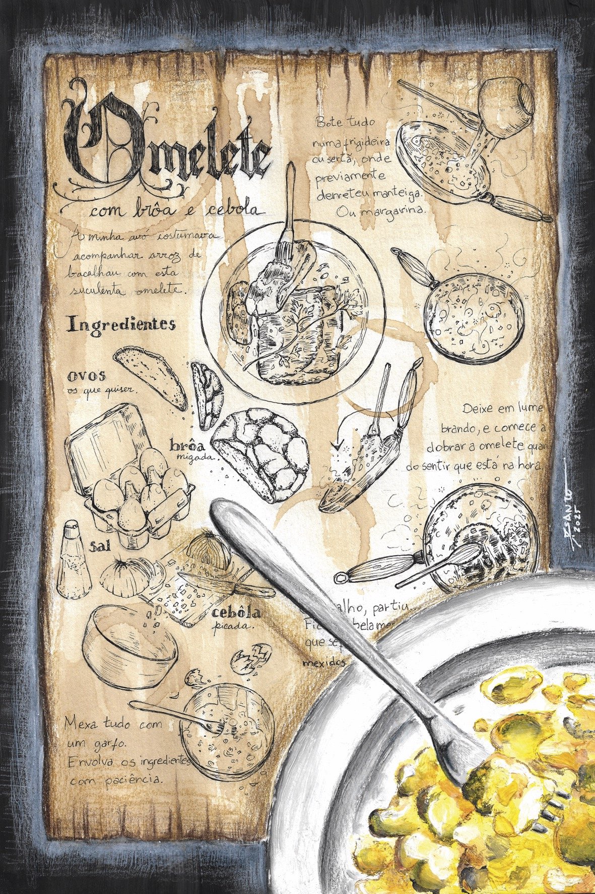 ORIGINAL "OVOS MEXIDOS COM BROA E CEBOLA" MARTA ESPÍRITO SANTO Receita ilustrada de omelete com broa e cebola ao lado de um prato com omelete.