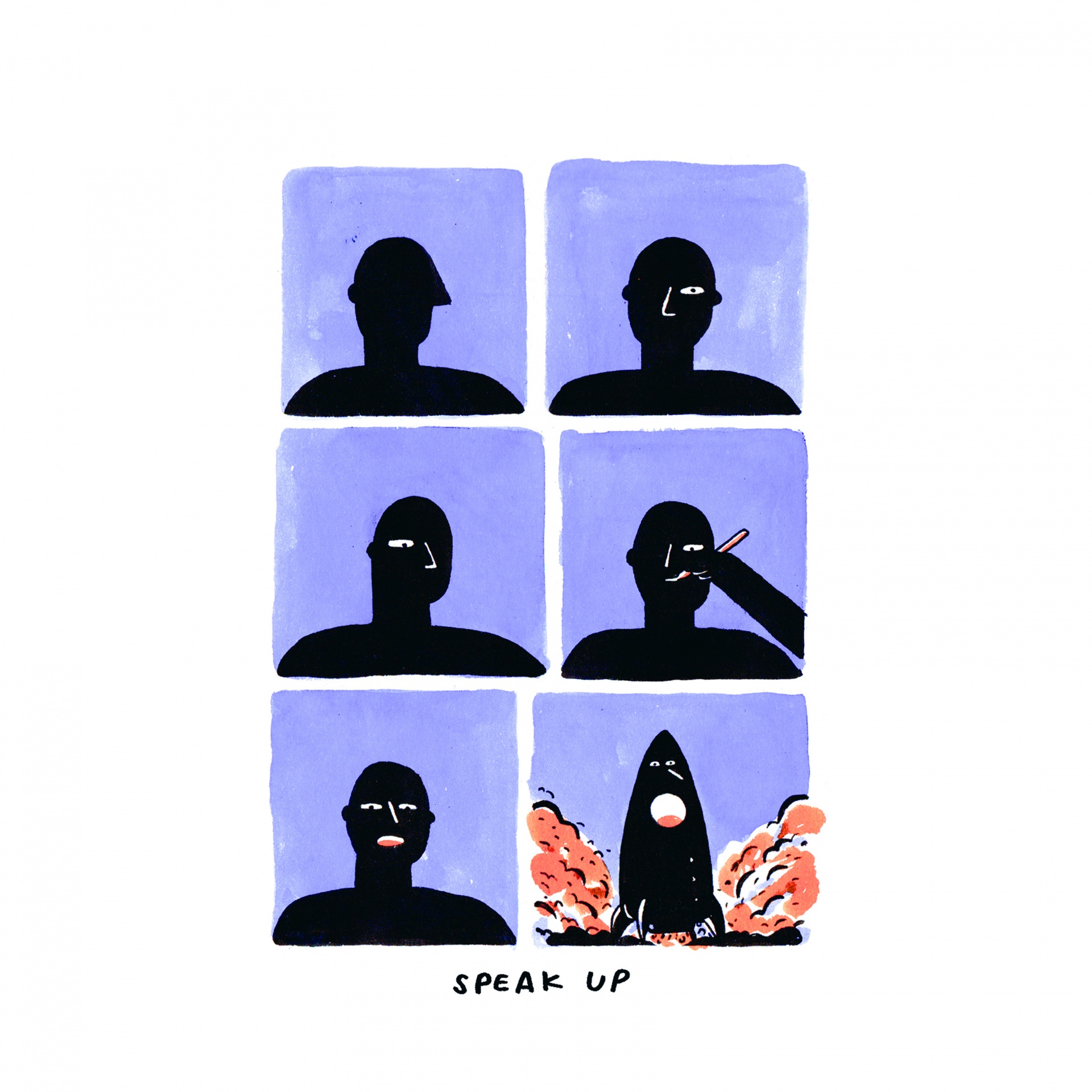 ILUSTRAÇÃO "SPEAK UP" GABRIELA ARAÚJO Ilustração de seis quadrados com silhuetas negras e texto SPEAK UP