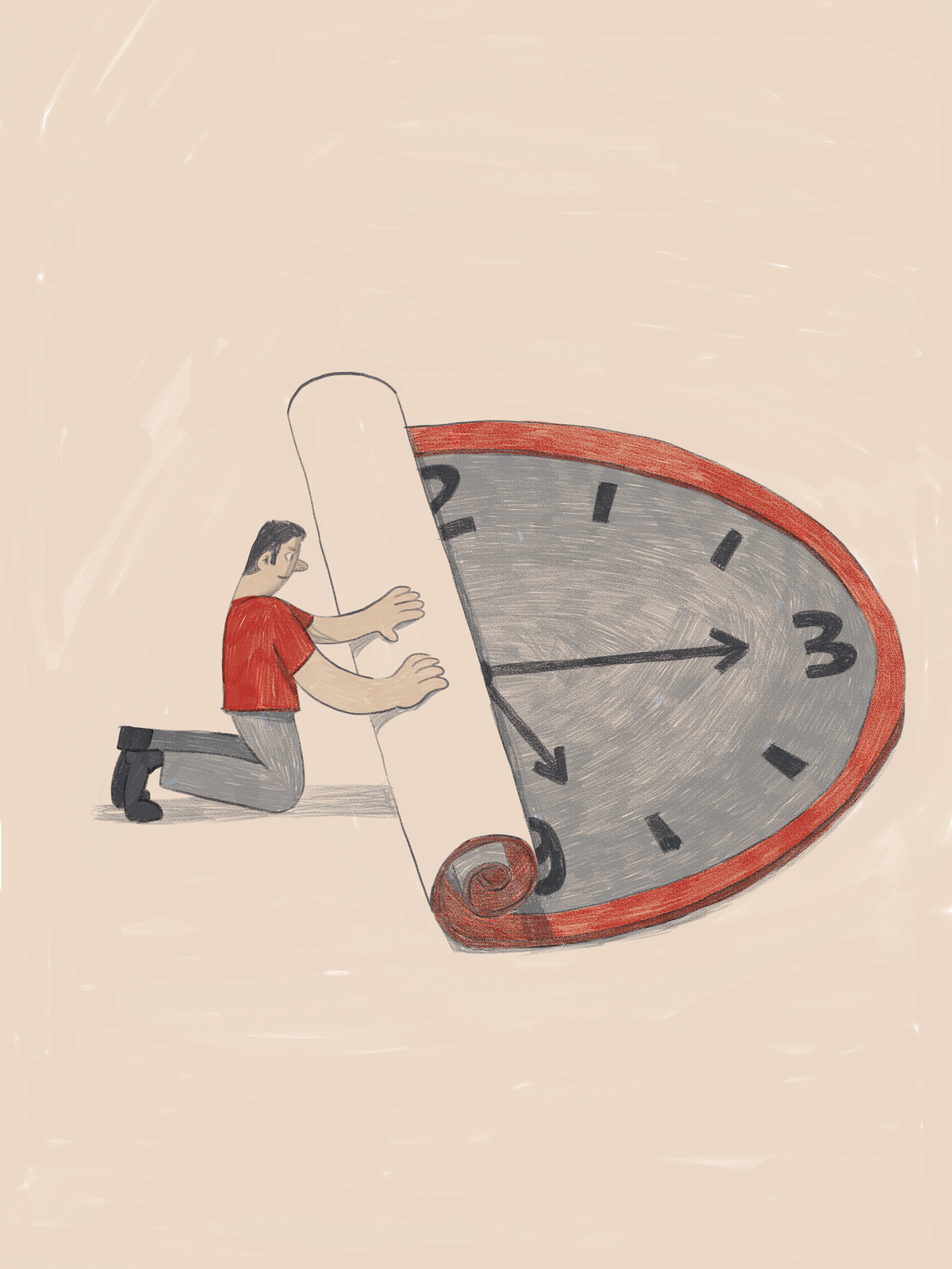 ILUSTRAÇÃO "WALL CLOCK" JOÃO COSTA Homem ajoelhado enrolando um relógio grande com moldura vermelha e mostrador cinzento