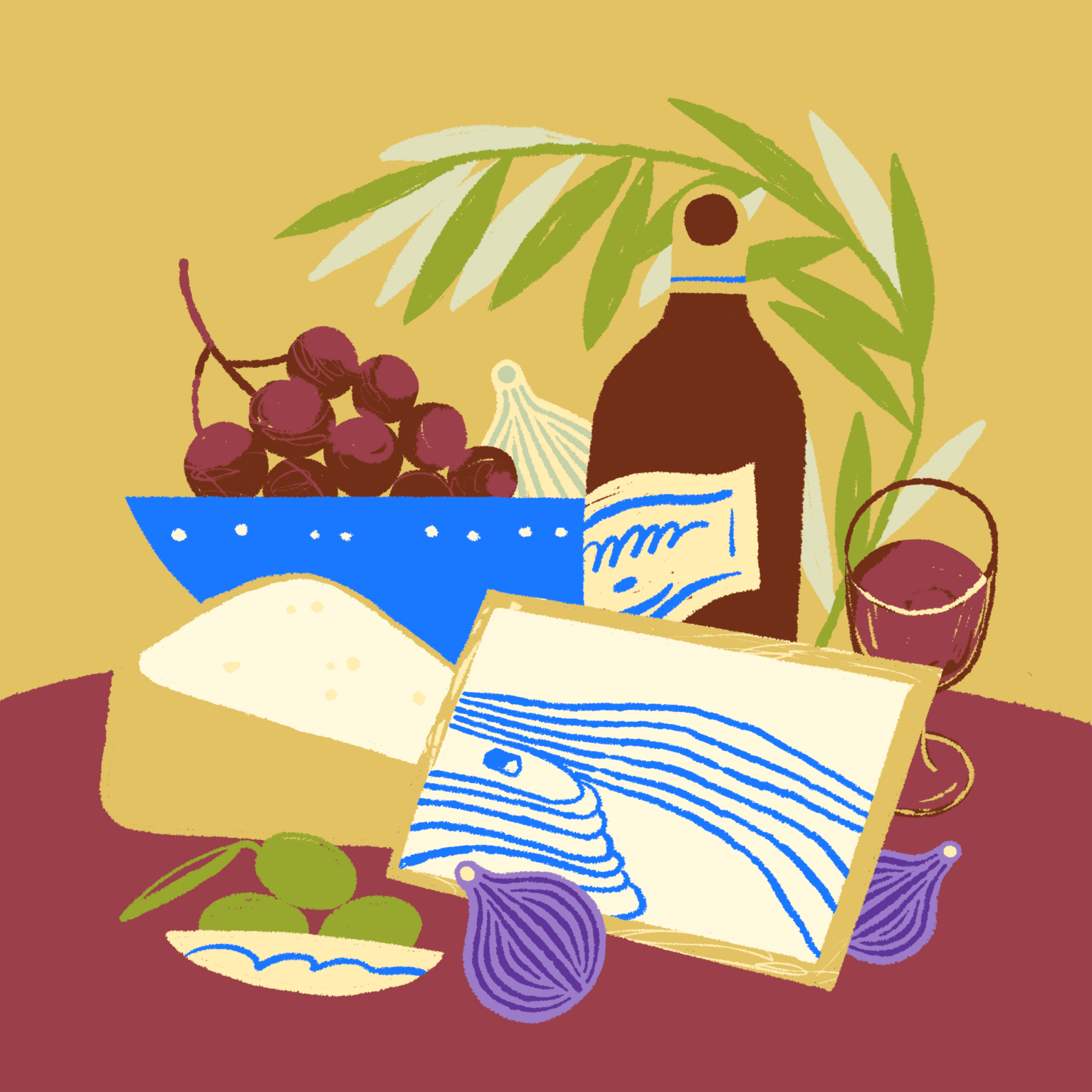 ILUSTRAÇÃO "DOURO I" IGA NAWARA Mesa com garrafa, queijo, uvas e copo em ilustração colorida.