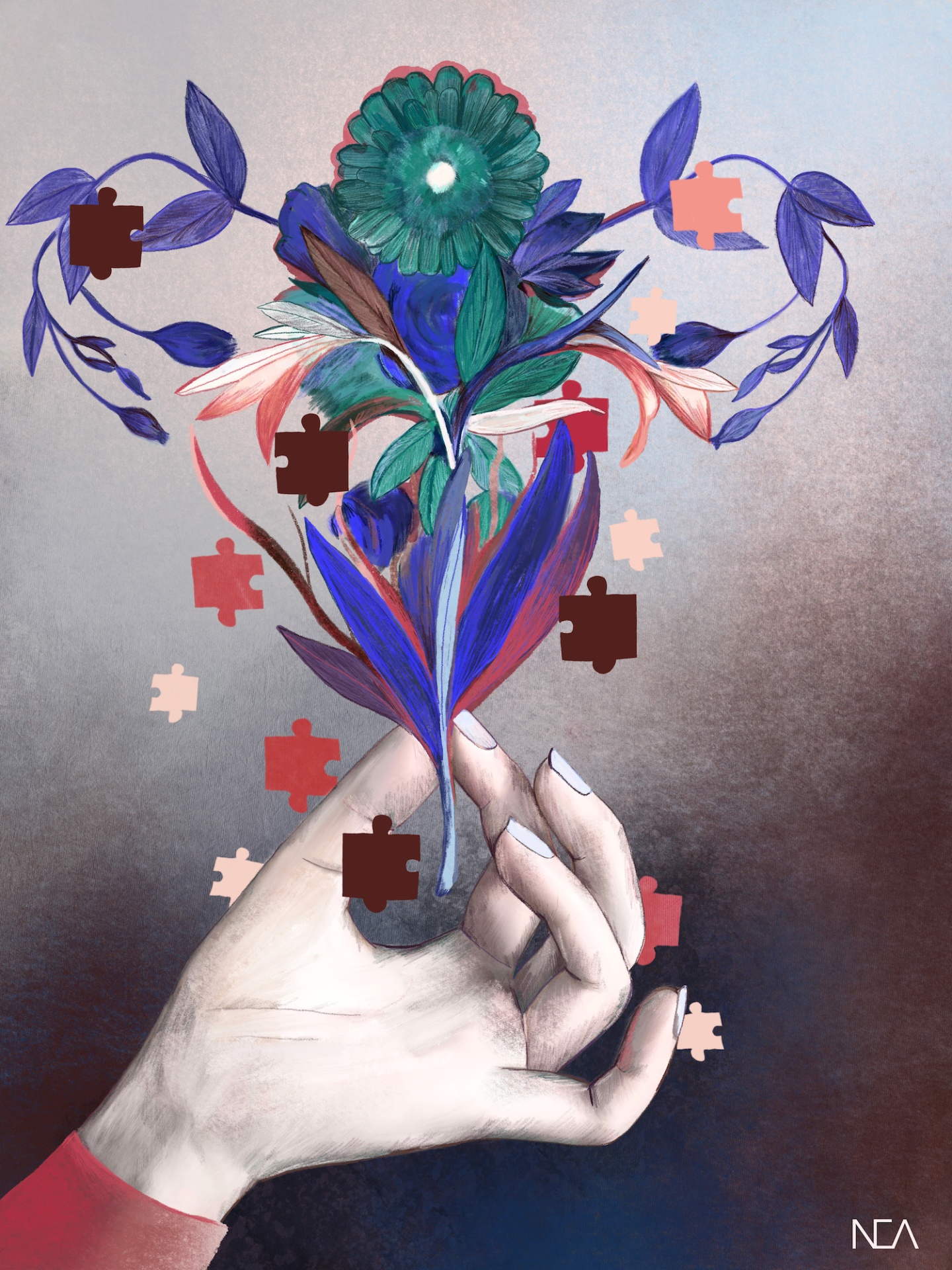 ILUSTRAÇÃO "13. WOMAN" NEA LIKAR Ilustração digital de mão segurando flor colorida com peças de puzzle sobrepostas