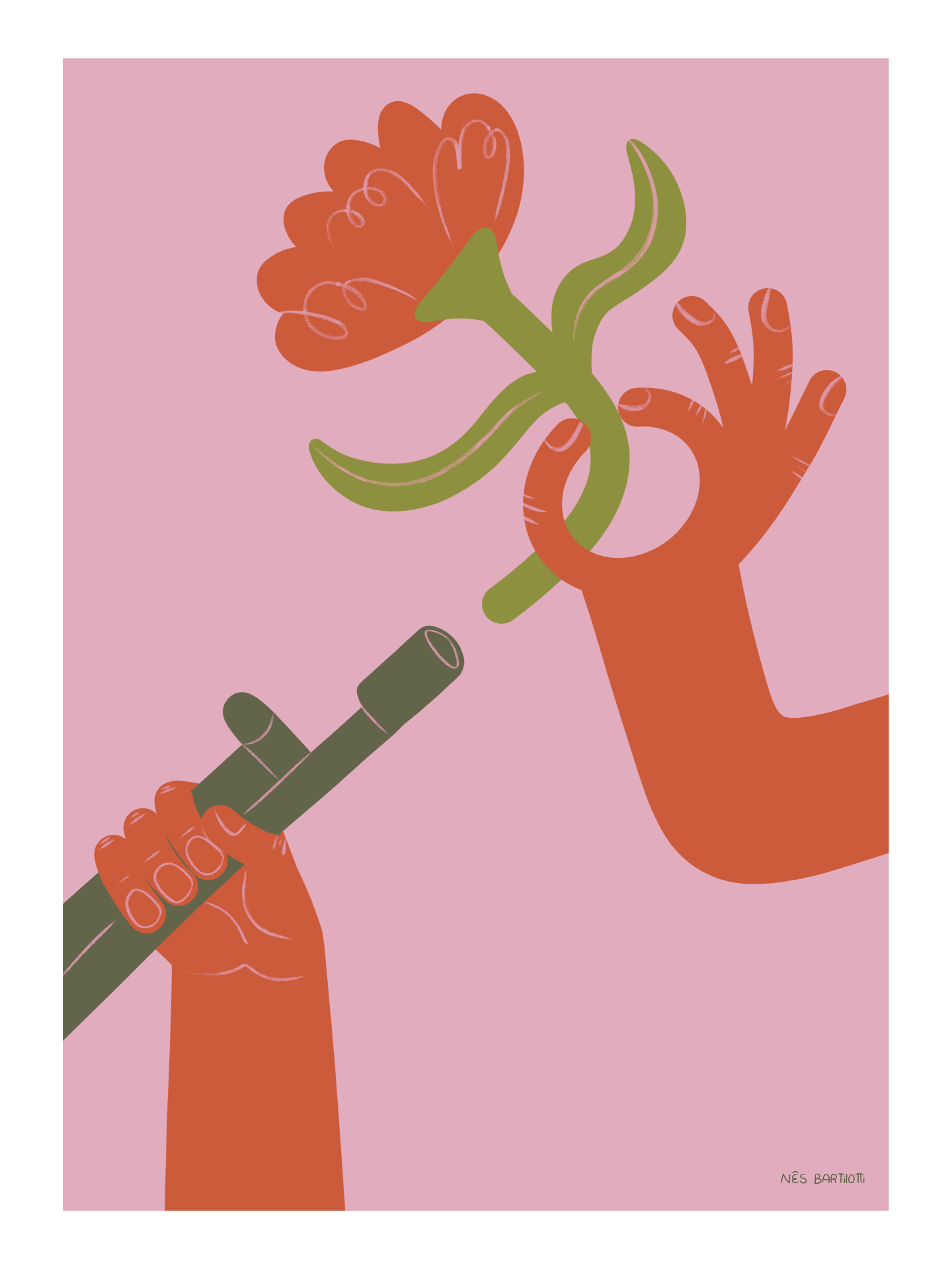 ILUSTRAÇÃO "GRITA LIBERDADE!" INÊS BARTILOTTI Ilustração digital de mãos cor de laranja segurando um tubo verde e uma flor vermelha com caule verde.