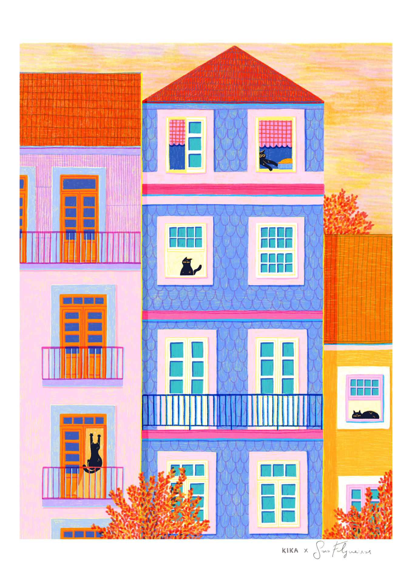 ILUSTRAÇÃO "KITTY CITY- FALL" KIKA E SARA FELGUEIRAS Ilustração colorida de edifícios com janelas, varandas e gatos