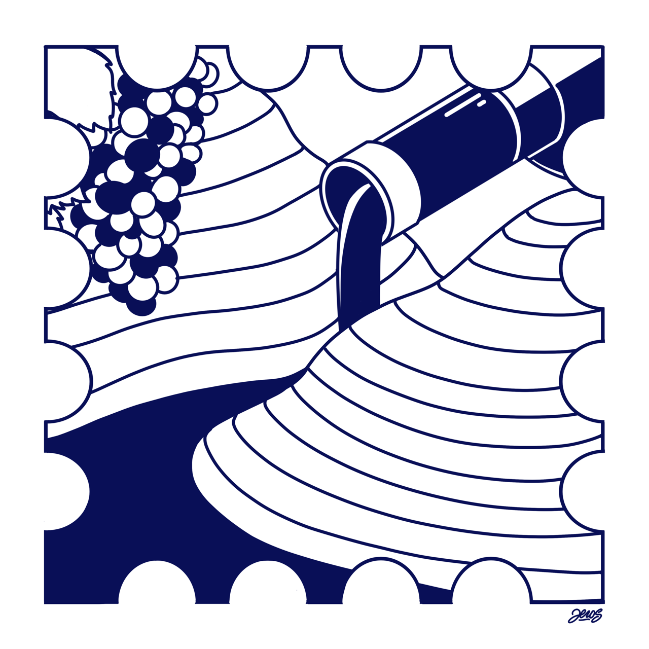 ILUSTRAÇÃO "DOURO I (RIO)" ZEROS TATTOO Ilustração de vinha, uvas e vinho em padrão azul e branco com bordas recortadas.