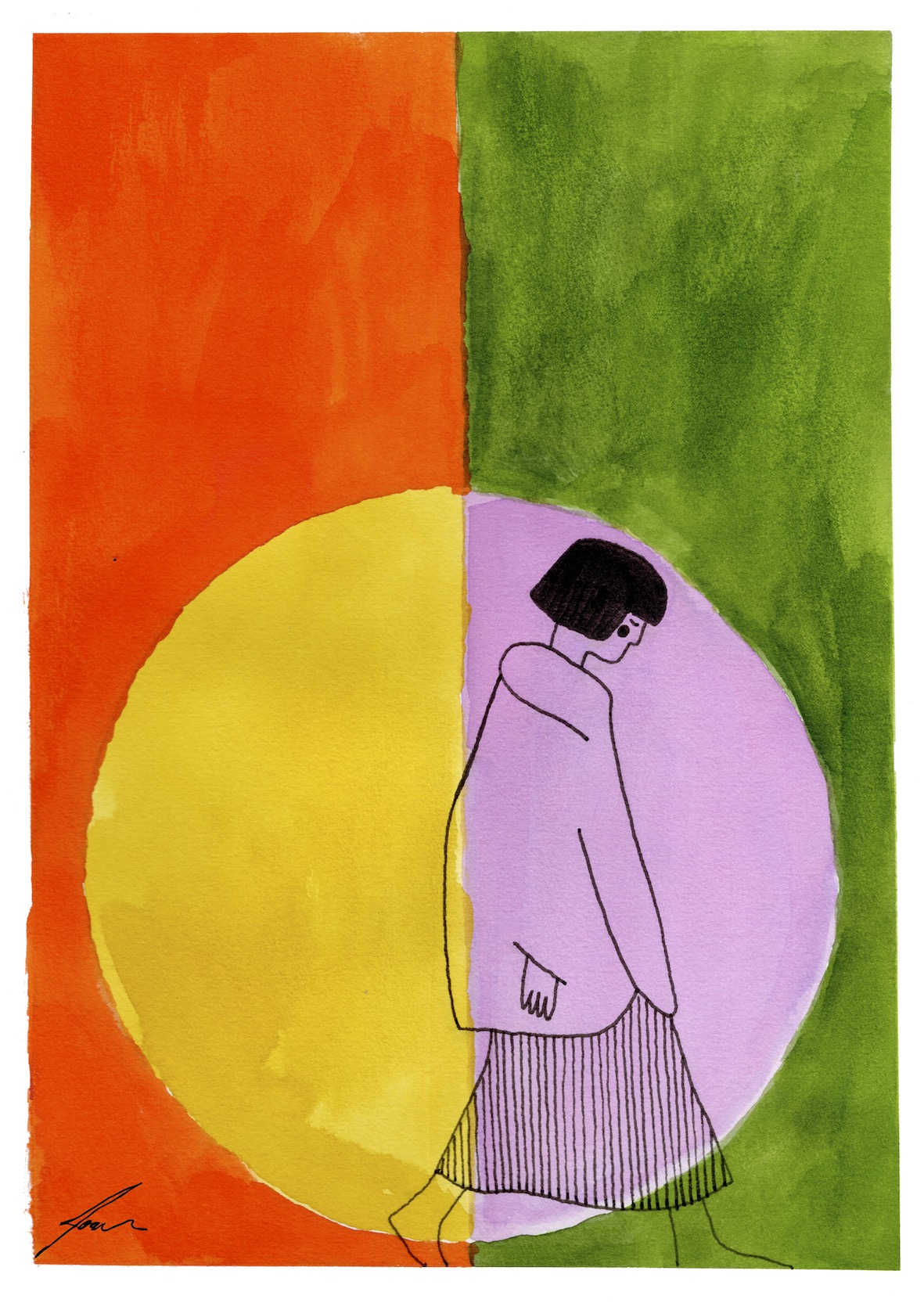 ORIGINAL "DEAMBULANDO I" JOANA NOBREGA Ilustração de figura feminina com fundo colorido dividido em laranja e verde com círculos amarelo e roxo