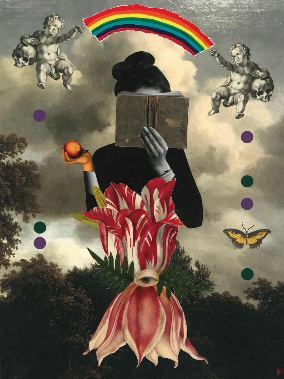 ILUSTRAÇÃO "BETWEEN WORLDS" SUSANA SILVA Colagem artística com figura humana, flores, querubins, caveiras, arco-íris e borboleta sobre fundo natural