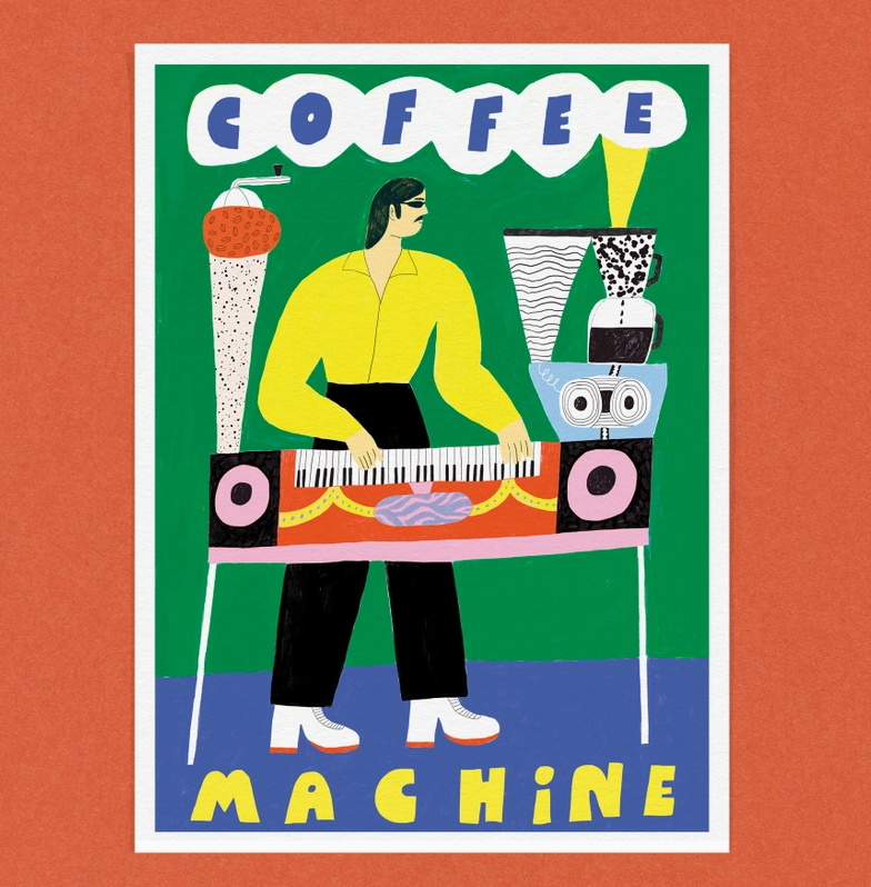 ILUSTRAÇÃO "COFFEE MACHINE" DANS LES DENTS Ilustração colorida de máquina de café e piano com texto COFFEE MACHINE