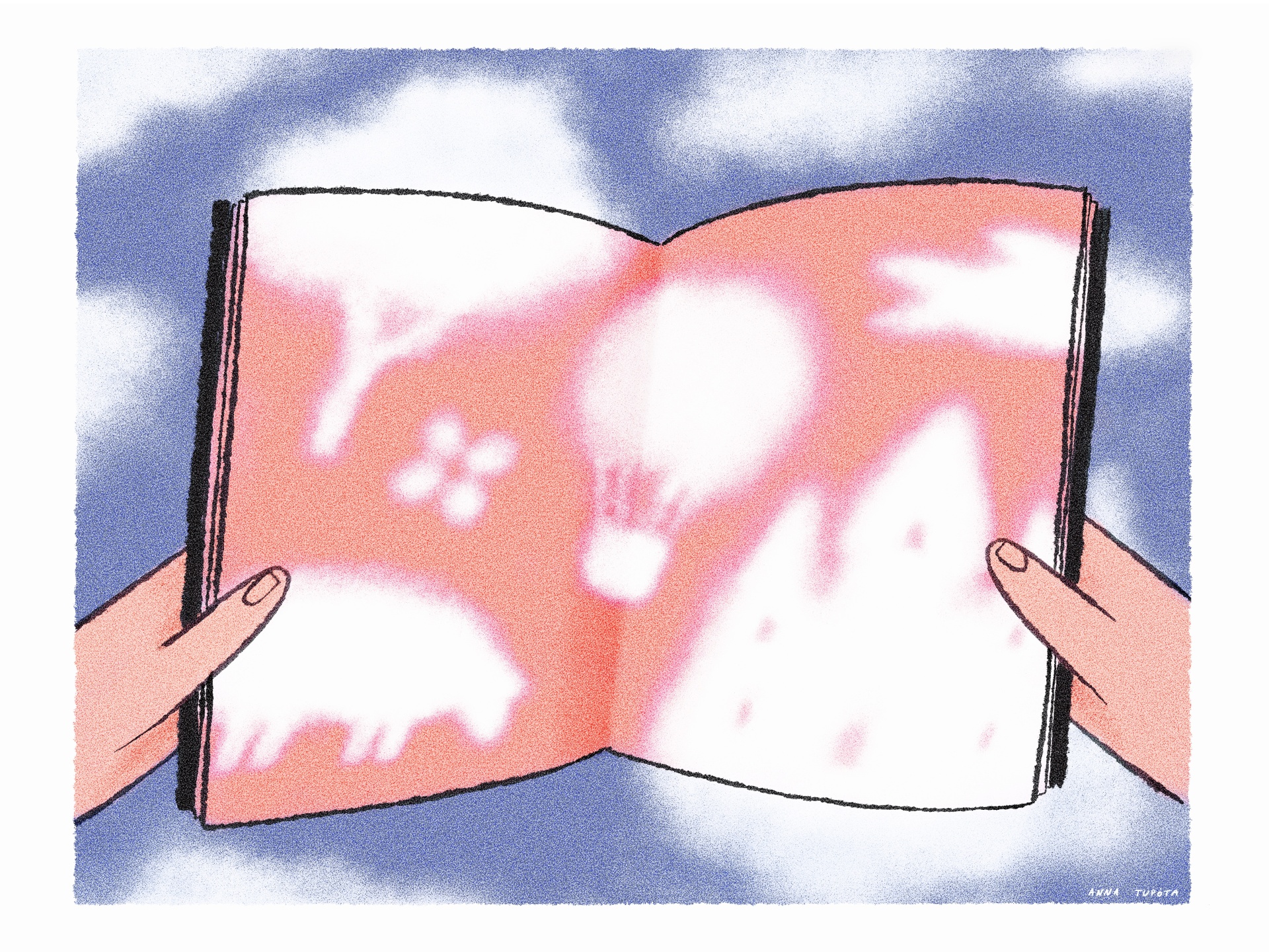ILUSTRAÇÃO "ENTRE MUNDOS" ANNA TUPOTA Livro aberto com ilustrações abstratas em rosa e branco, mãos segurando e céu azul ao fundo