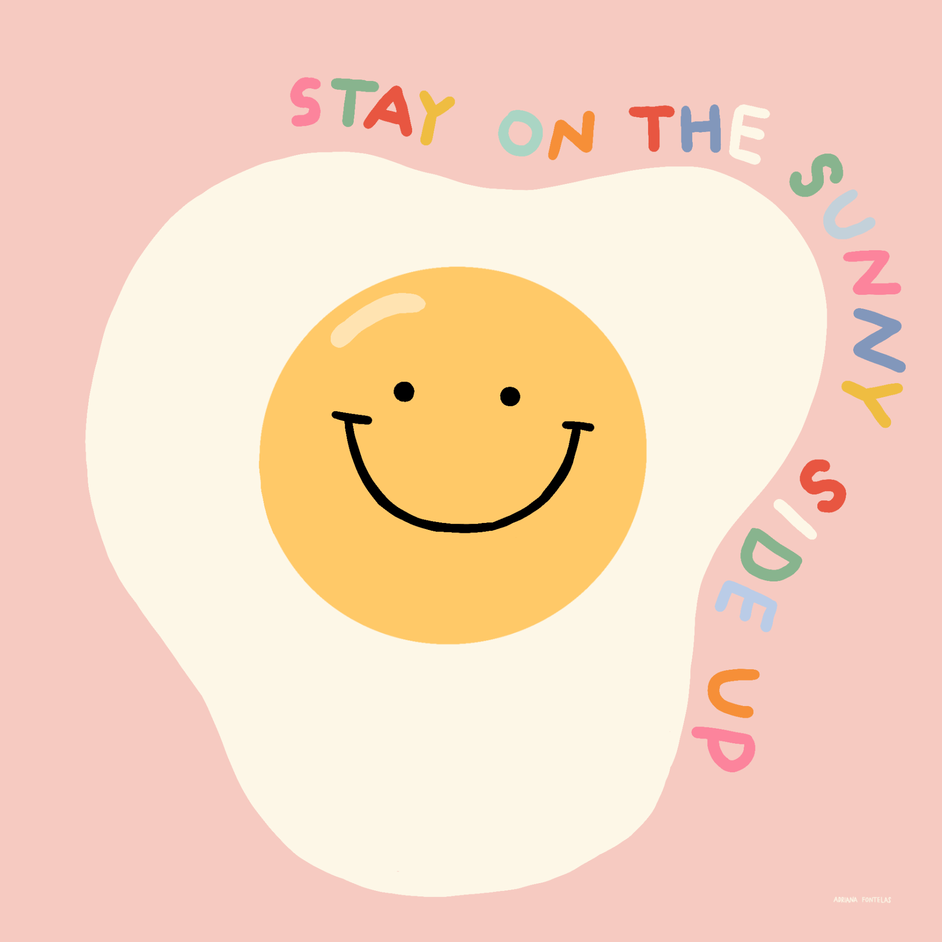 AZULEJO "EGG" ADRIANA FONTELAS Ilustração de ovo estrelado sorridente com texto colorido