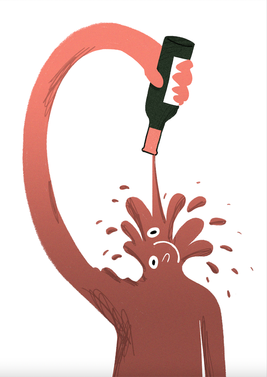 ILUSTRAÇÃO " 1 - DEGOSTAR" JOÃO COSTA Ilustração de figura humanoide castanha a beber de garrafa verde com líquido