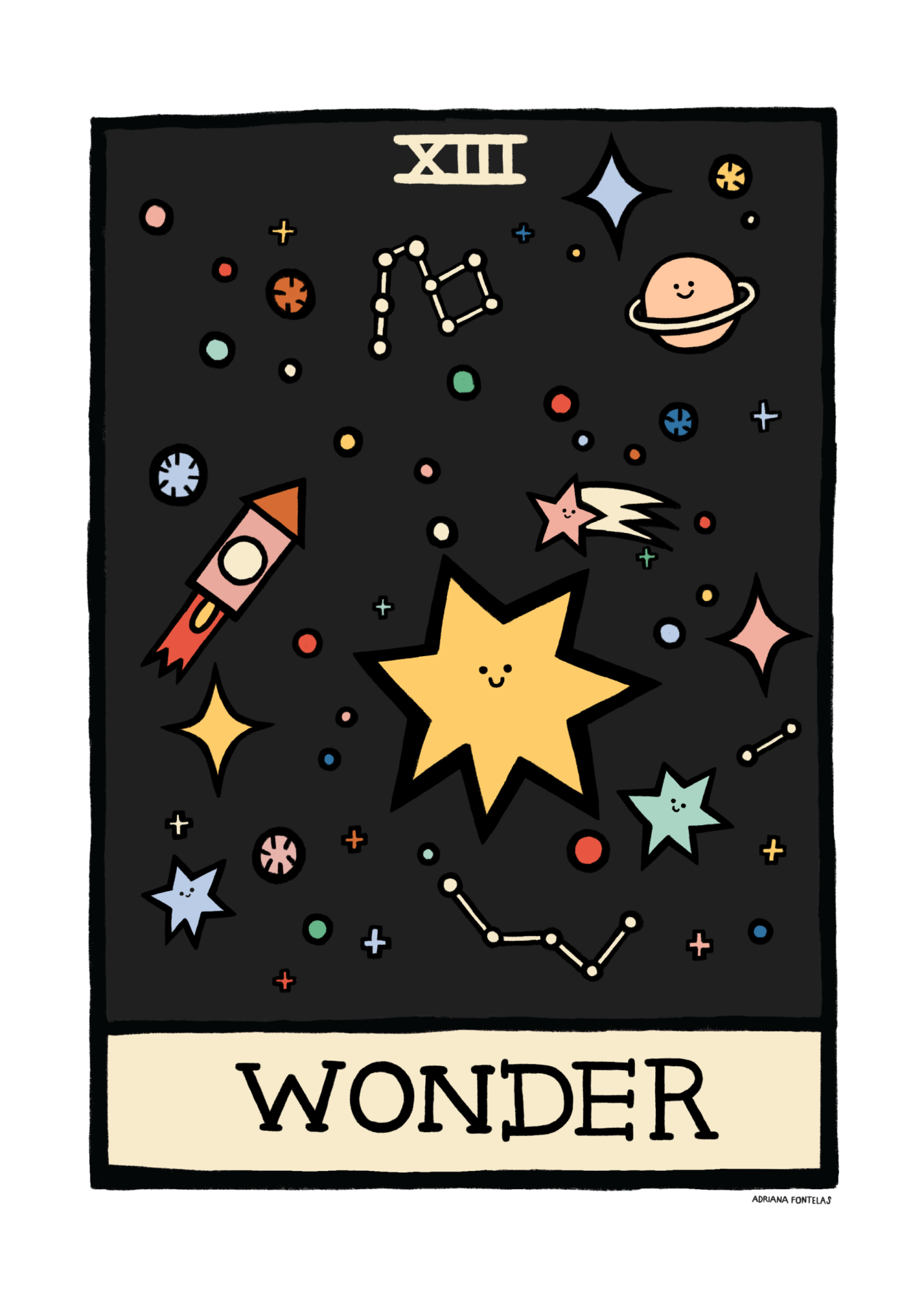 ILUSTRAÇÃO "XII - WONDER" ADRIANA FONTELAS Cartaz com desenhos de estrelas, planeta, foguetão e constelações em fundo preto com texto WONDER