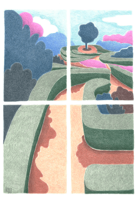 ORIGINAL "O JARDIM" BÁRBARA AMARAL Ilustração de paisagem vista através de uma janela branca com quatro painéis.