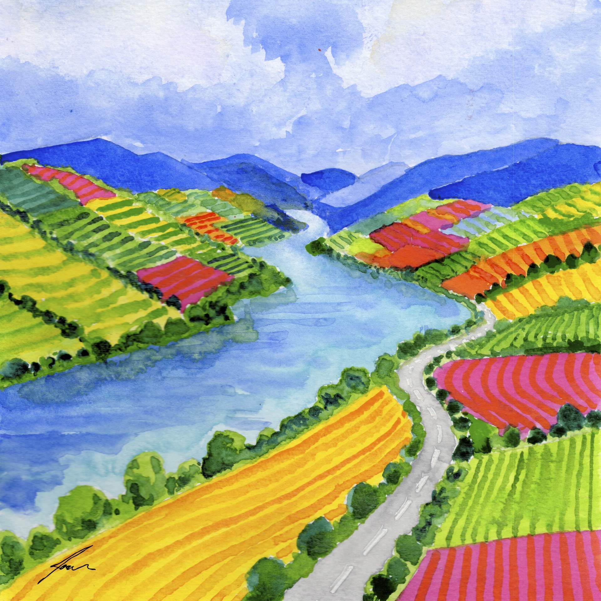 ILUSTRAÇÃO "DOURO II" JOANA NÓBREGA Pintura aquarela de paisagem com campos e montanhas coloridas