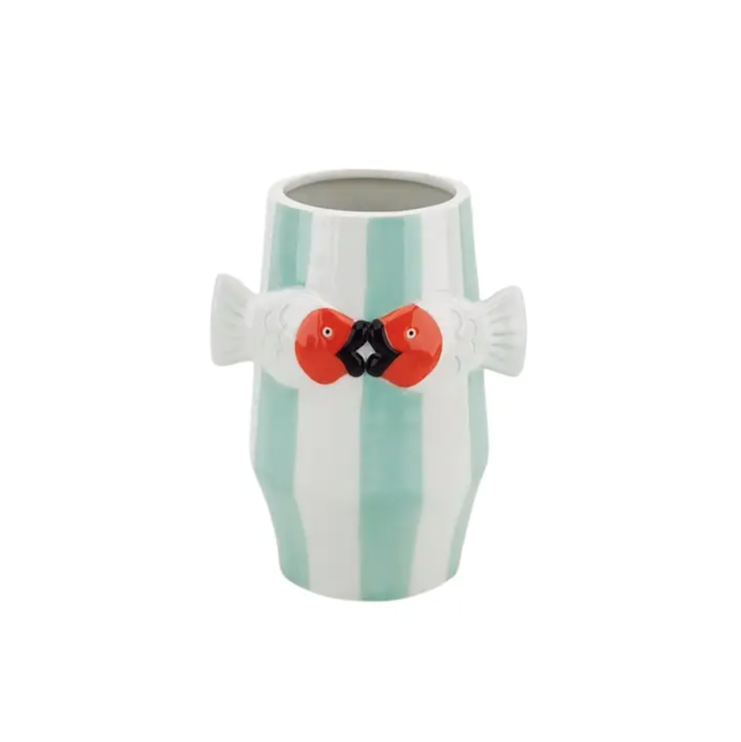 Vase - Flower Vase Fish-Mint/White/Orange House Vitamin vaso cerâmico riscas verdes e brancas com pássaros vermelhos e brancos em relevo
