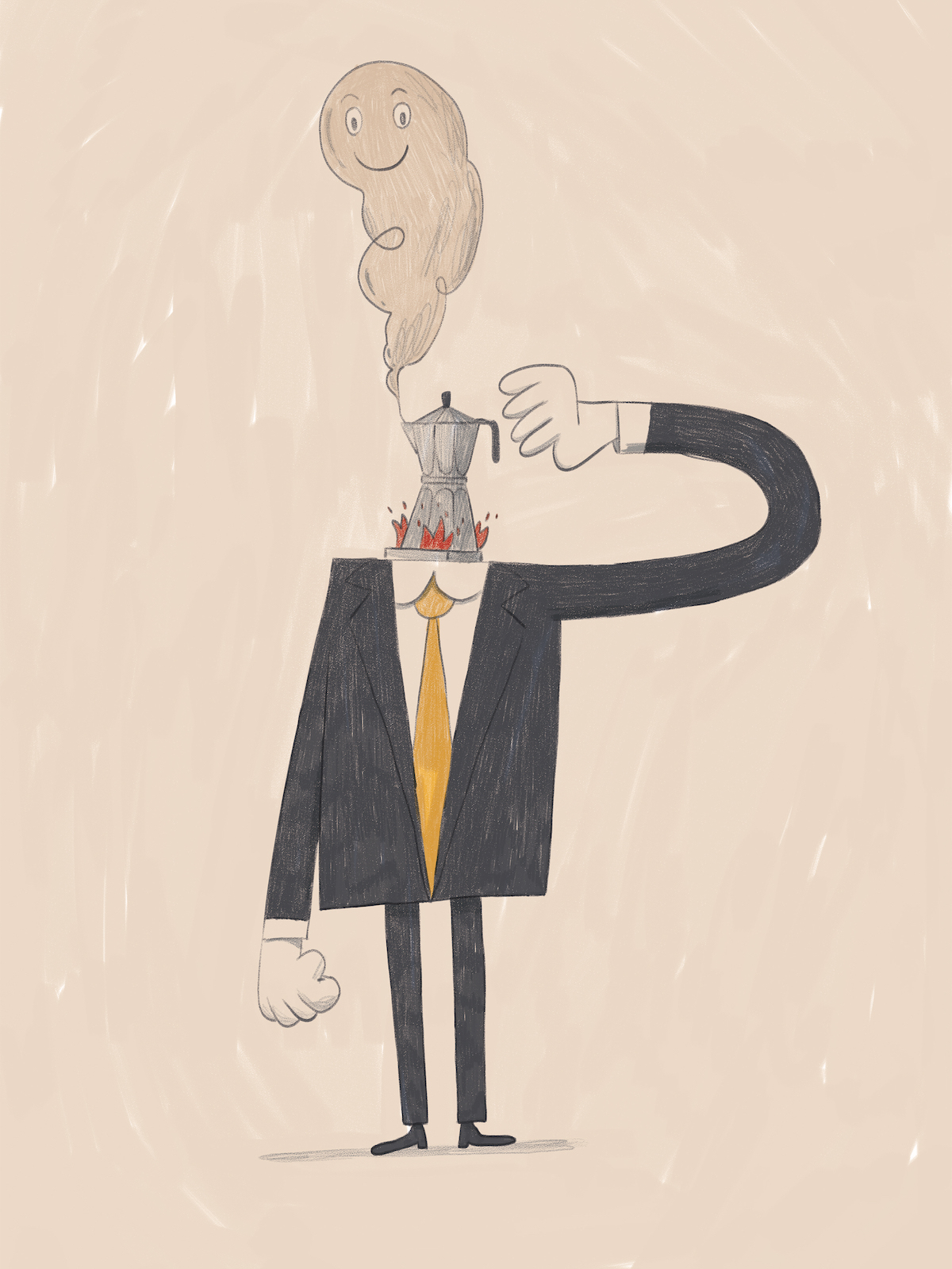 ILUSTRAÇÃO "GHOST" JOÃO COSTA Desenho de figura humana com cafeteira moka na cabeça a libertar vapor em forma de rosto sorridente
