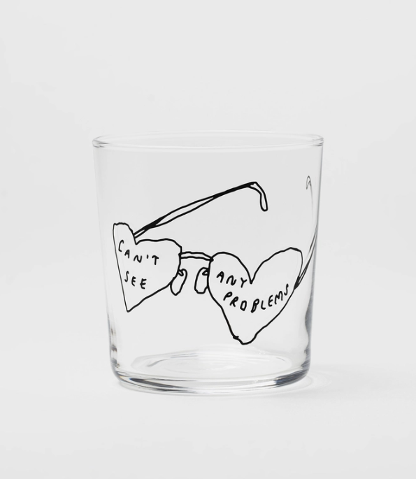 COPO "CAN'T SEE ANY PROBLEMS GLASS" YAHYA Copo de vidro com desenho e texto negro