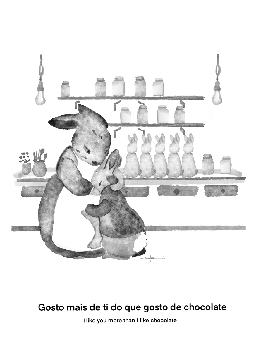ILUSTRAÇÃO "CHOCOLATE" MARIA JOÃO FARIA Ilustração a preto e branco de duas lebres a abraçar-se em frente a balcão com frascos e figuras de coelho