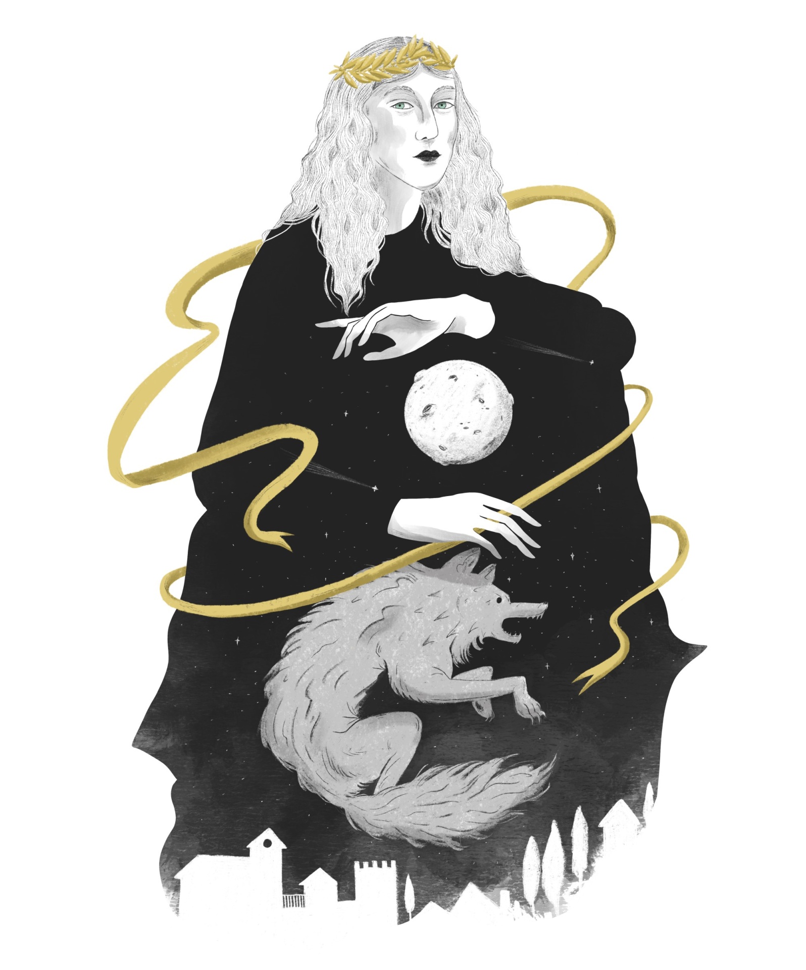 ILUSTRAÇÃO "O MANTO" BÁRBARA AMARAL Ilustração de figura feminina com lua e lobo, faixa dourada e silhuetas de edifícios