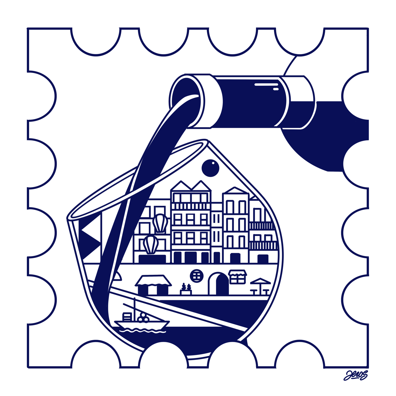 ILUSTRAÇÃO "DOURO II (COPO)" ZEROS TATTOO Ilustração gráfica em azul escuro e branco de uma garrafa a encher um copo com uma cidade desenhada dentro.