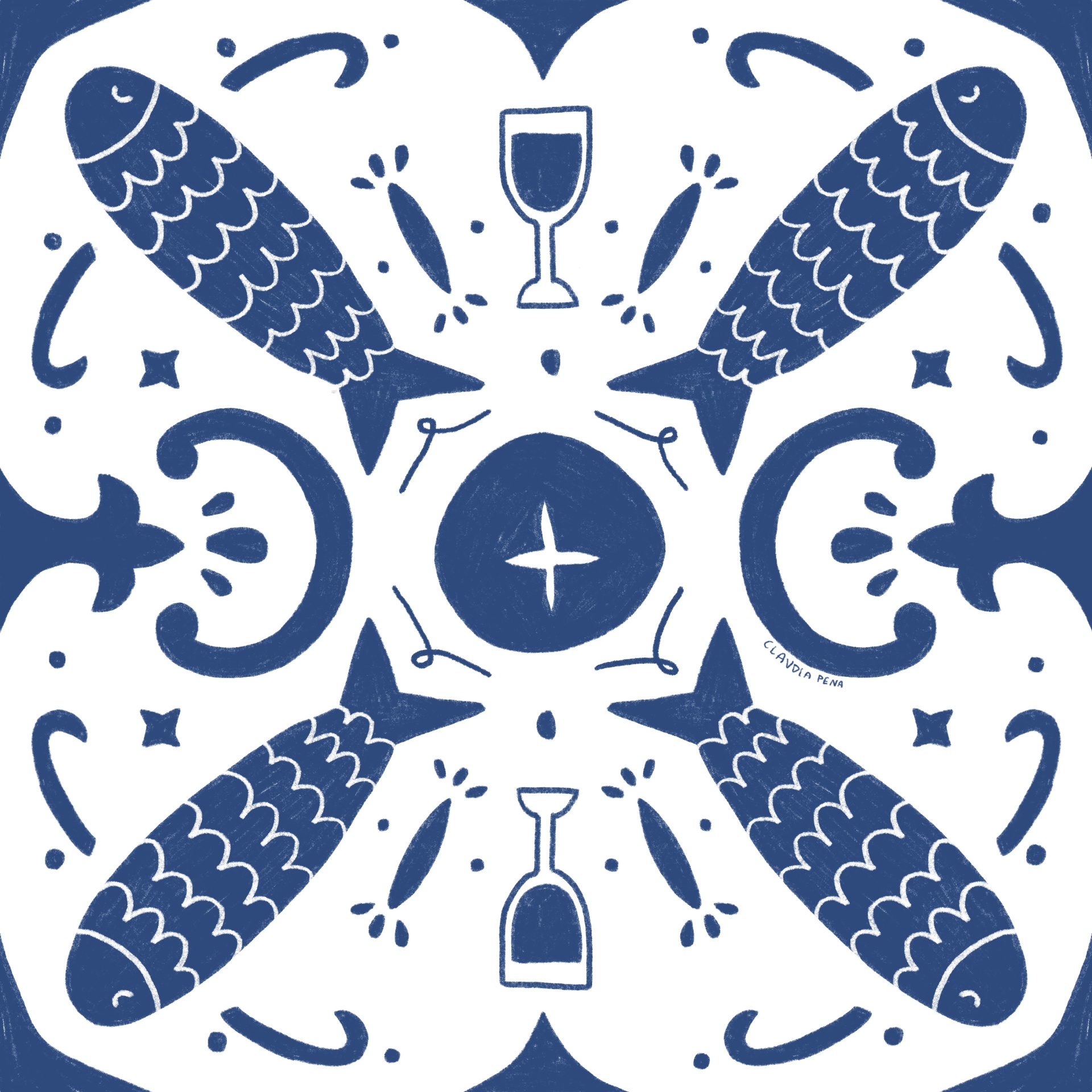 AZULEJO "SANTOS DA CASA" CLAUDIA PENA Padrão decorativo azul e branco com peixes e copos de vidro