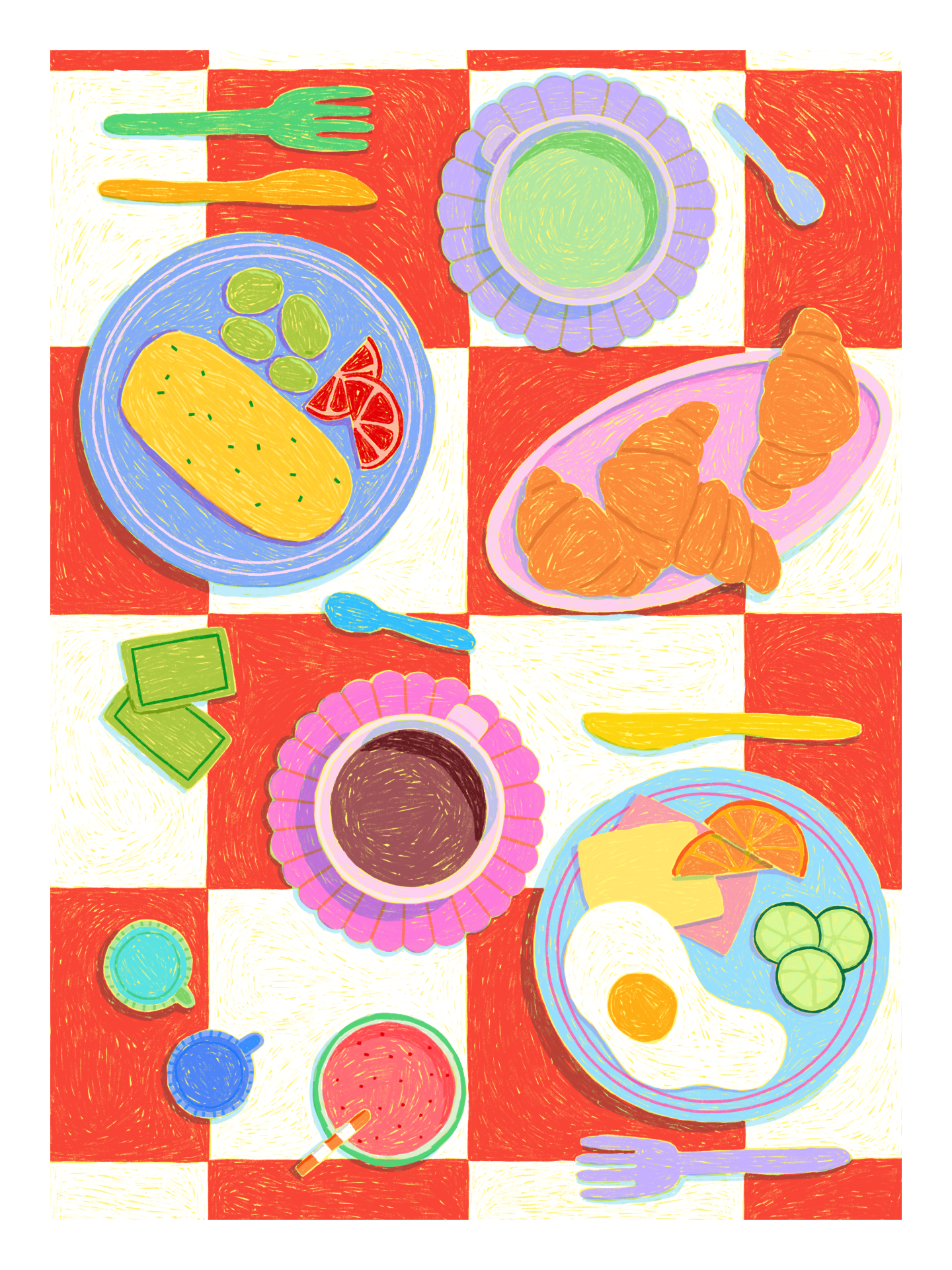 ILUSTRAÇÃO "MESA 2" KIKA Ilustração de mesa com comida e utensílios coloridos em fundo xadrez vermelho e branco