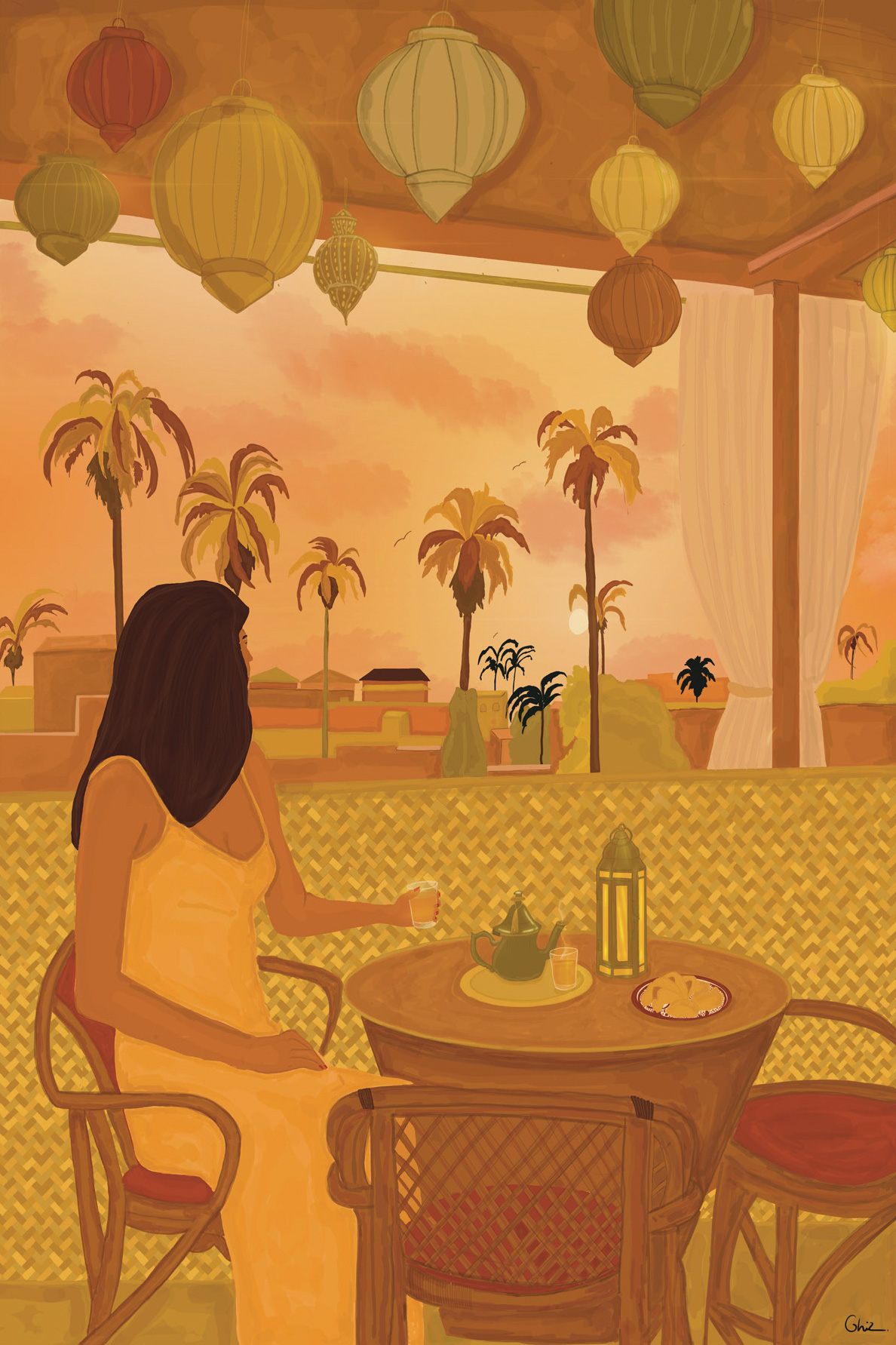ILUSTRAÇÃO "OCRE SAUDADE" GHIZLAINE LAHROUGUI Mulher de vestido amarelo sentada numa varanda com mesa de chá e palmeiras ao pôr do sol
