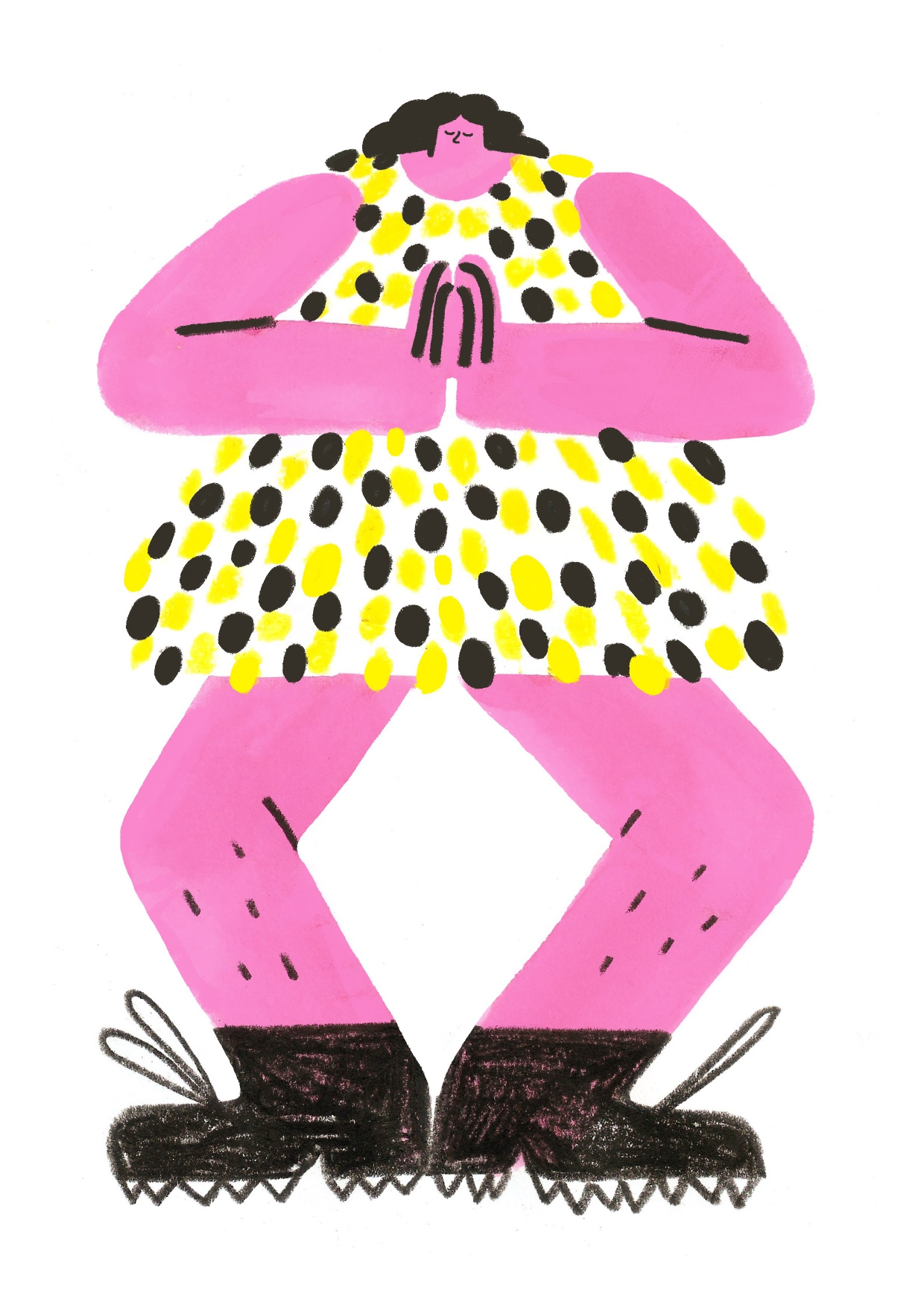 ILUSTRAÇÃO "#3AGRAVIDAEDETODOS" GABRIELA ARAÚJO Ilustração de figura humana rosa com vestido amarelo de pontos e sapatos pretos