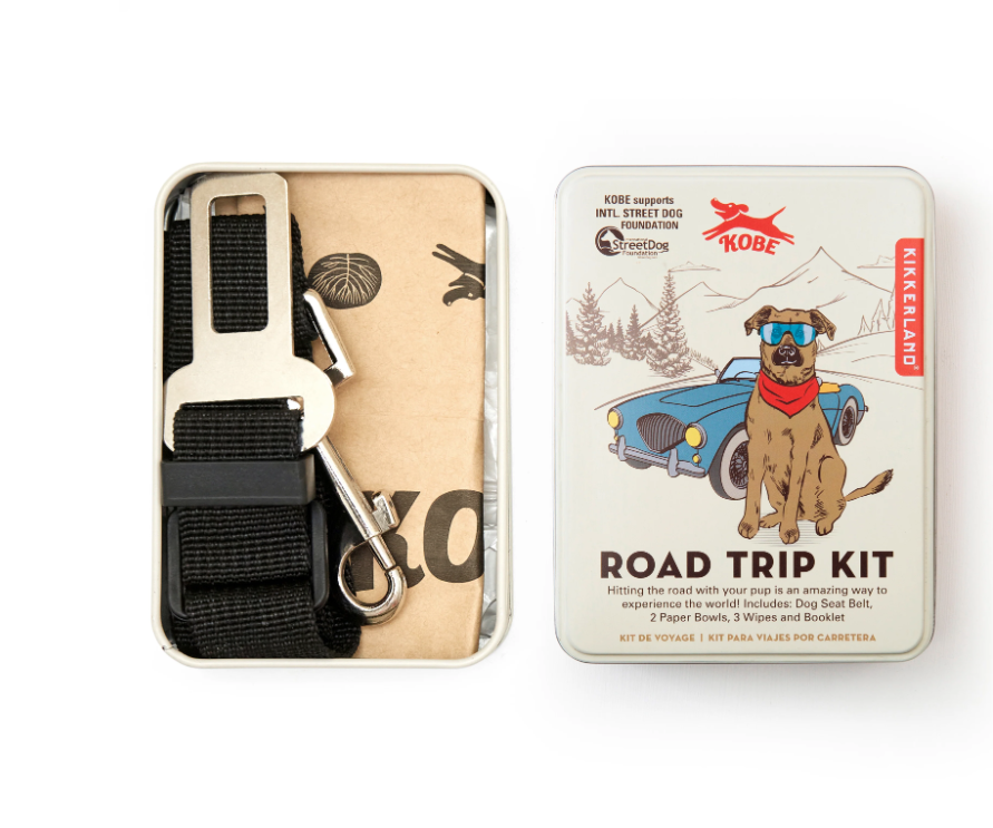 "DOG ROAD TRIP KIT" KIKKERLAND Caixa metálica branca com kit Road Trip Kit e acessórios para cão