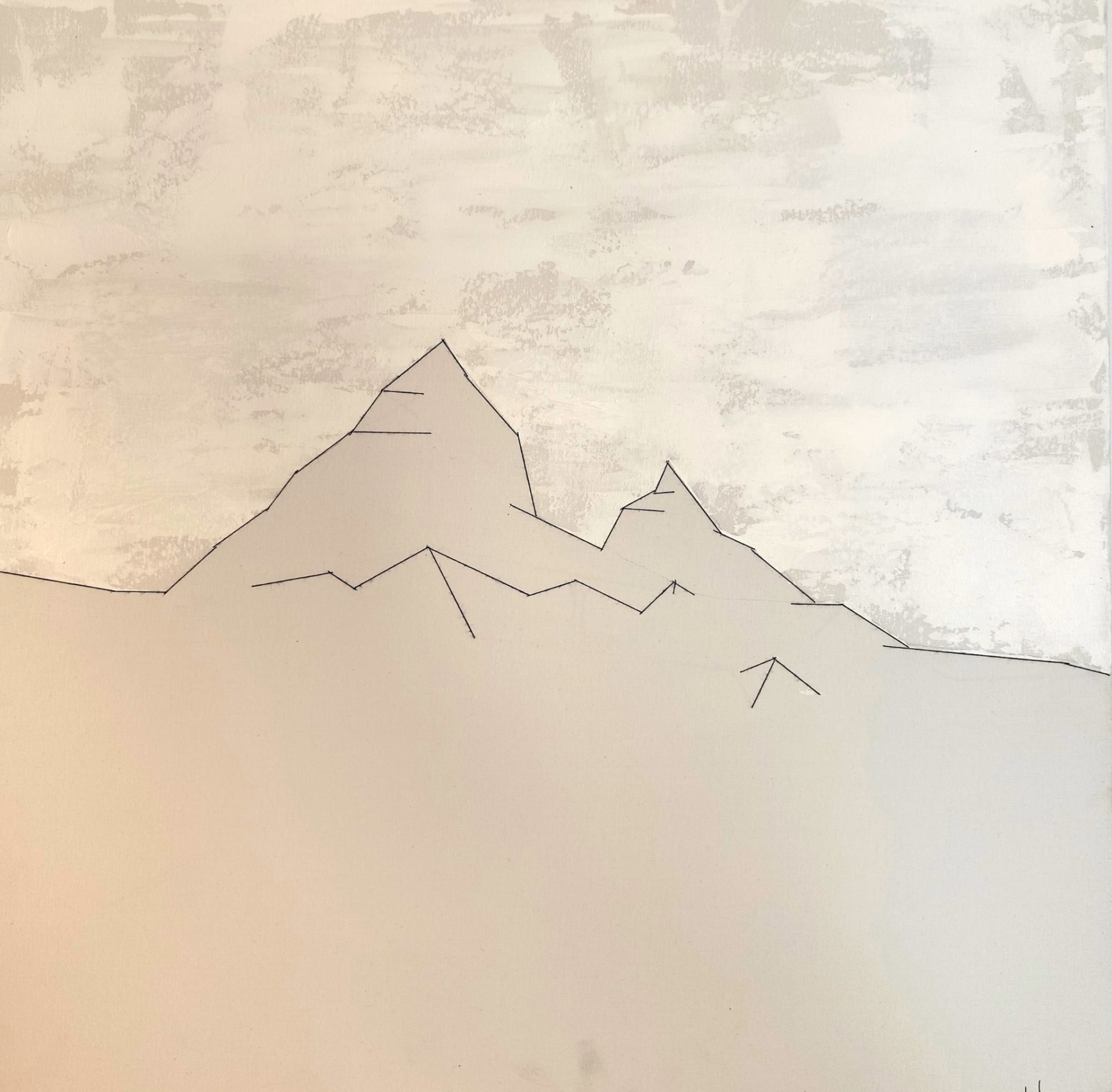 ORIGINAL "LINEA MONTIS" IVO TEIXEIRA Quadro abstrato com desenho de montanhas em tons neutros e linhas pretas