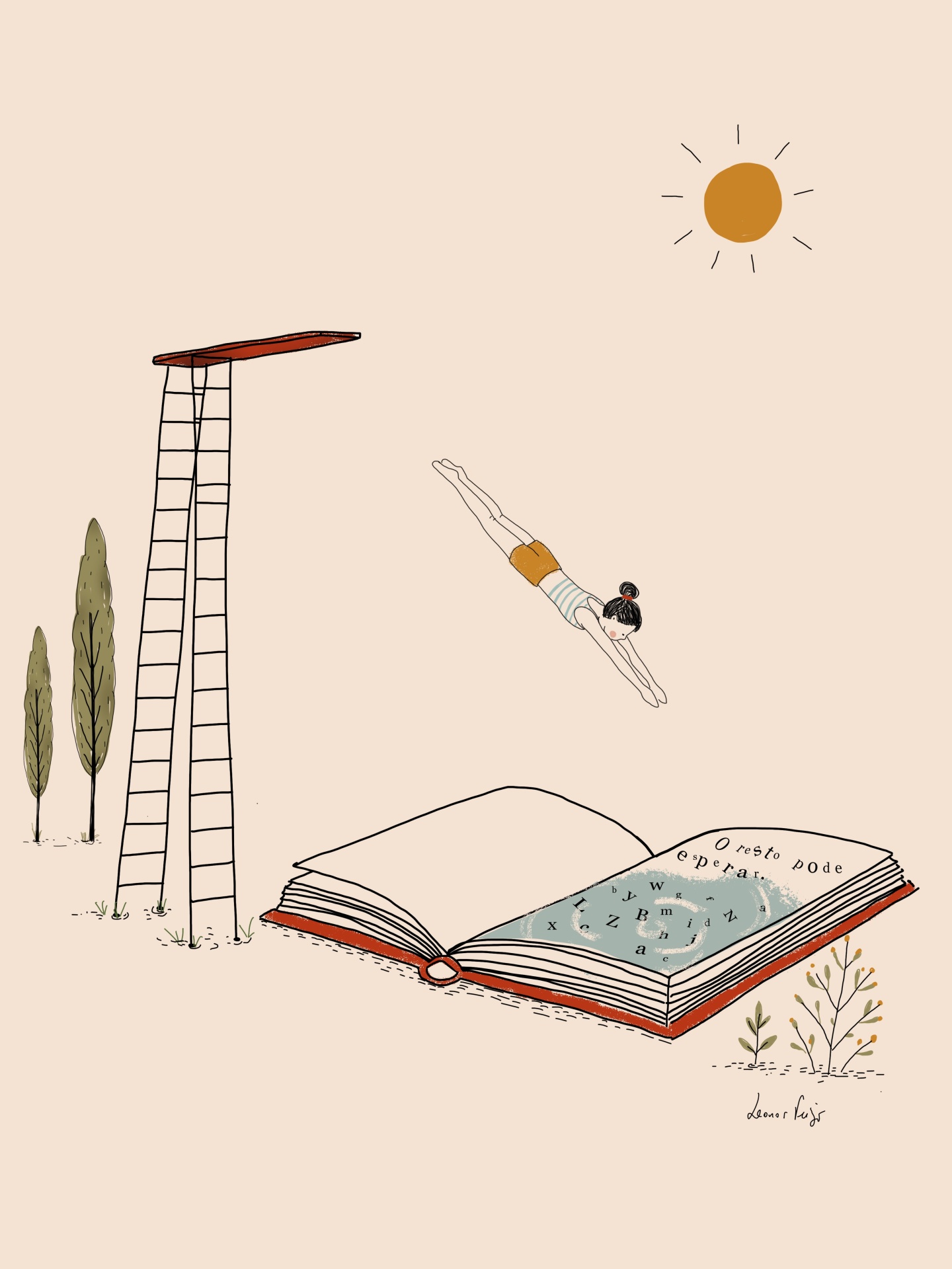 ILUSTRAÇÃO "O RESTO PODE ESPERAR" LEONOR FEIJÓ Menina a mergulhar num livro aberto com sol e árvores ao fundo