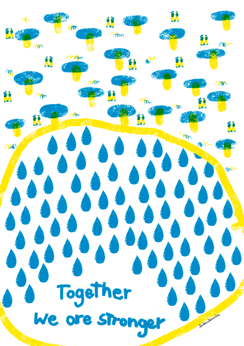 ILLUSTRATING FOR UKRAINE 81 🇺🇦 Ilustração abstrata com gotas azuis e texto 'Together we are stronger' em azul dentro de círculo amarelo