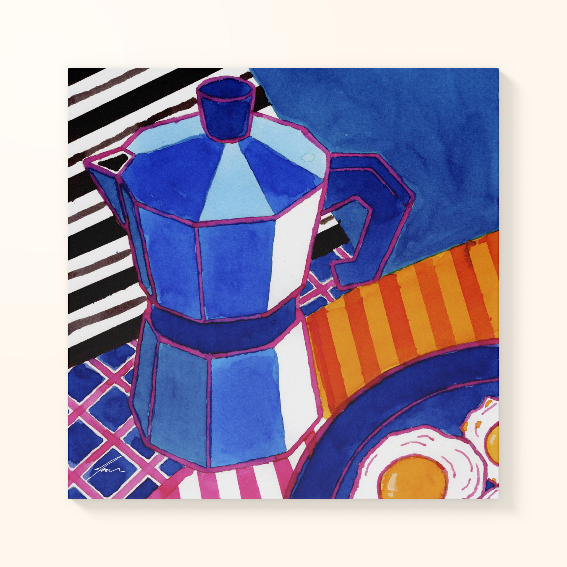AZULEJO "PEQUENO-ALMOÇO II" JOANA NÓBREGA Ilustração de cafeteira azul em fundo com padrões coloridos e prato com ovos fritos