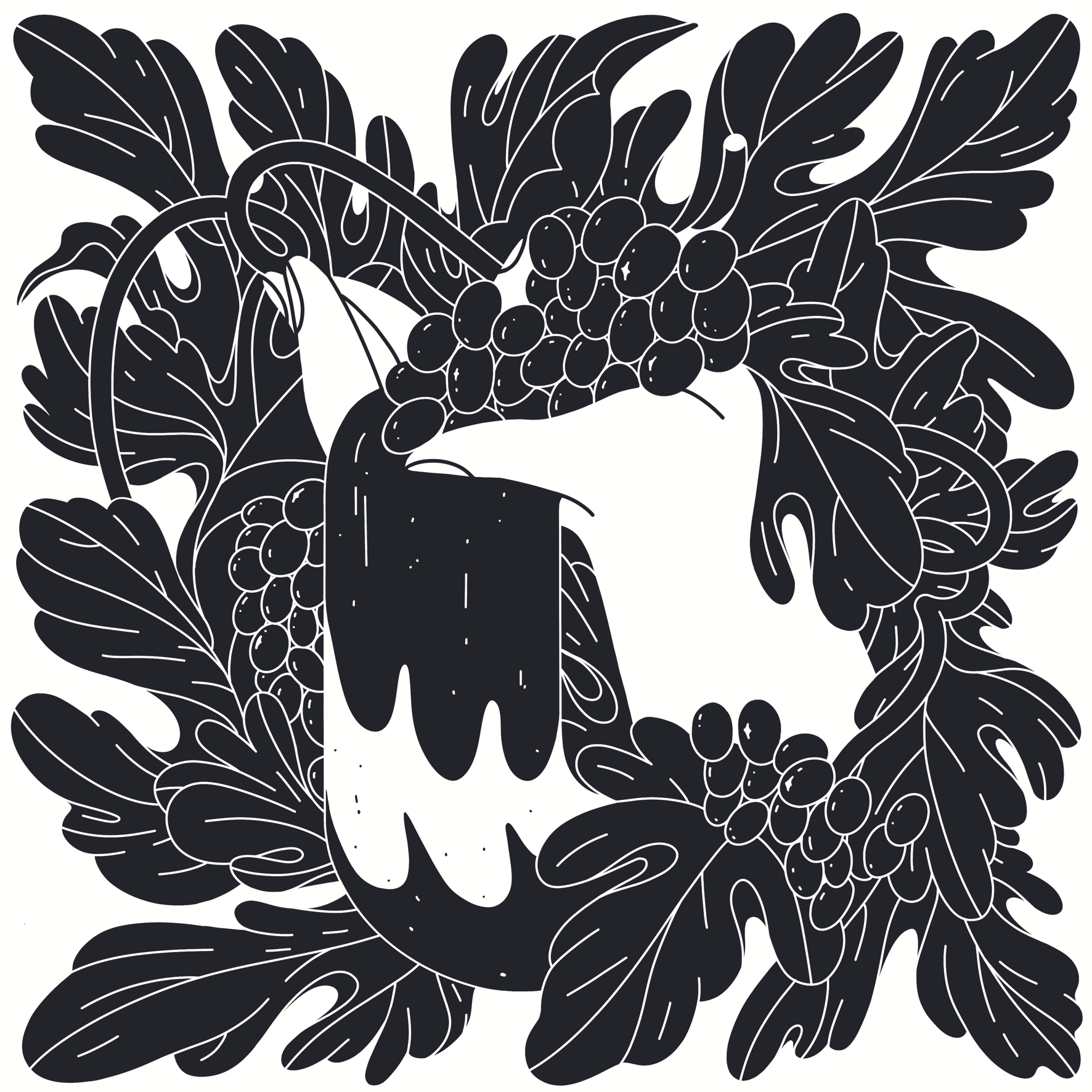 ILUSTRAÇÃO "DOURO II" KIKA KLAT Desenho preto e branco de mão com uvas e folhas