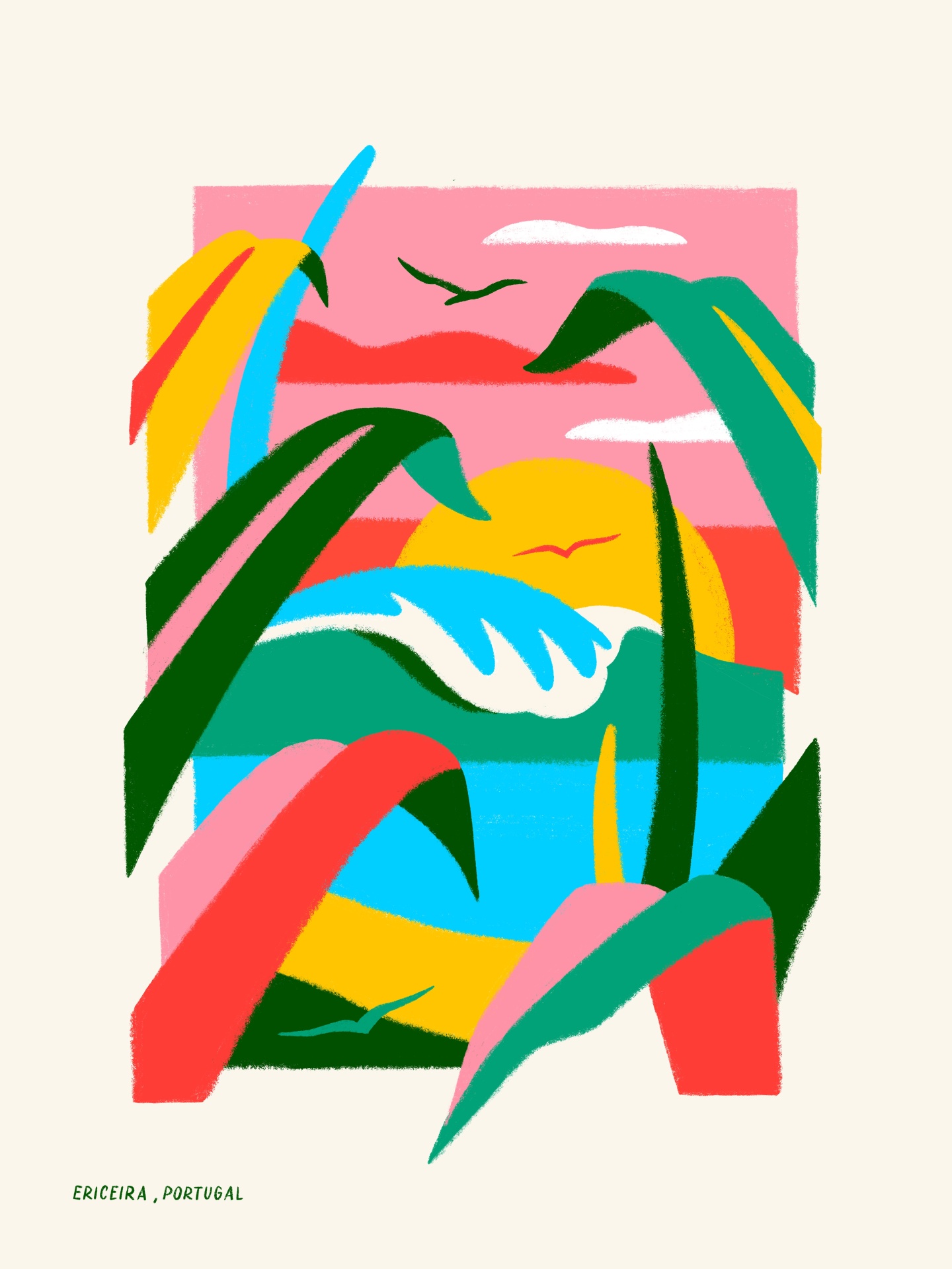 ILUSTRAÇÃO "SUNSET IN THE BACKYARD" TYPRU Ilustração colorida de Ericeira, Portugal, com plantas, mar, sol e aves
