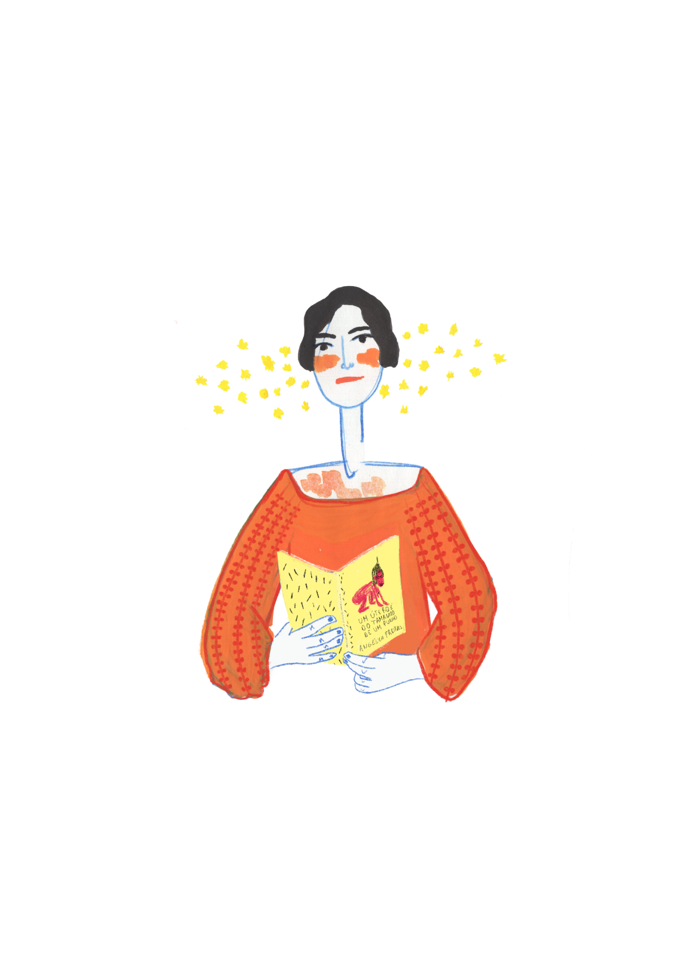 Desenho de pessoa com camisola laranja a segurar um livro amarelo