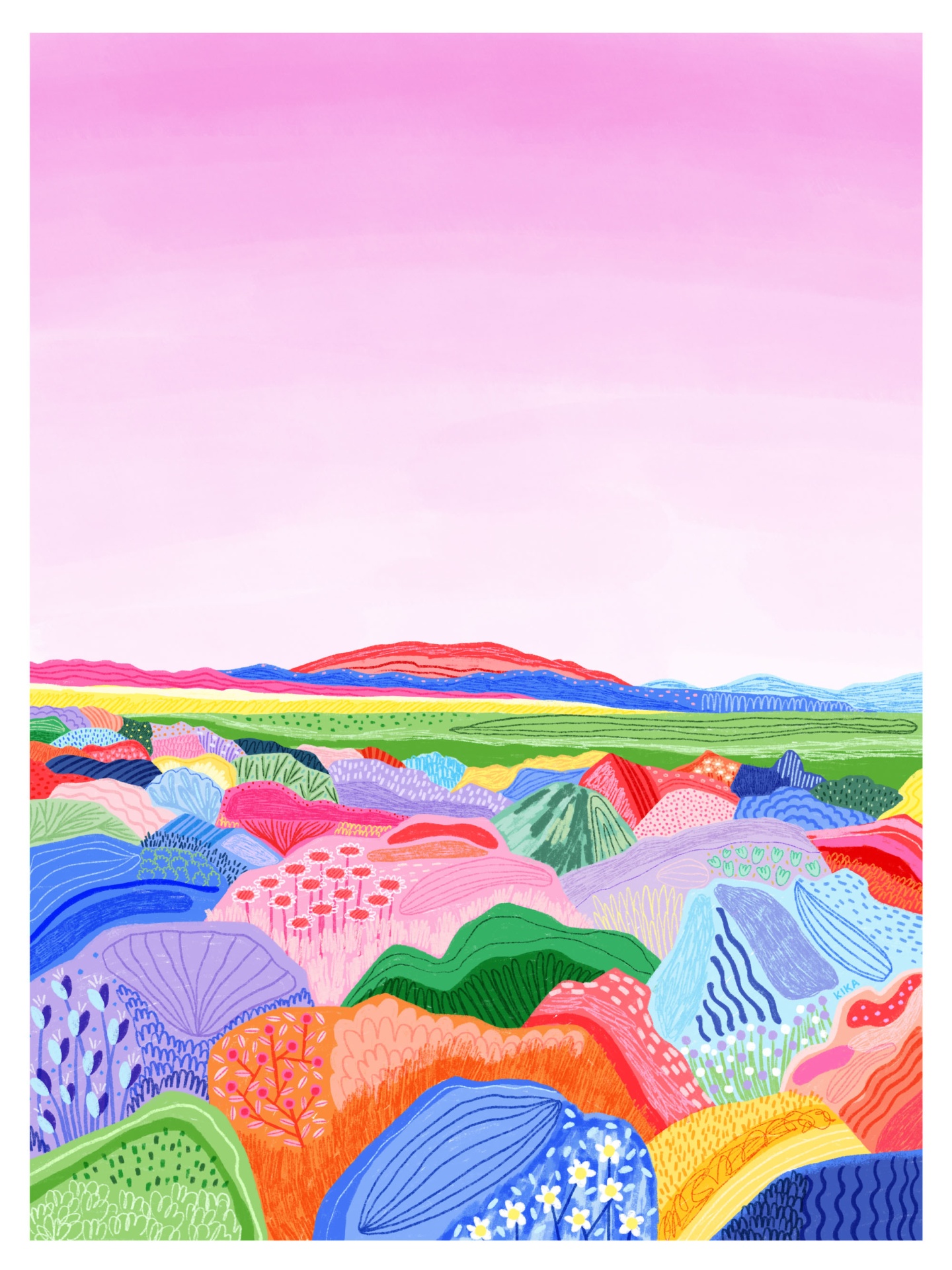 ILUSTRAÇÃO "MARSHMALLOW PIES" KIKA Ilustração de uma paisagem abstrata colorida com colinas onduladas em várias cores