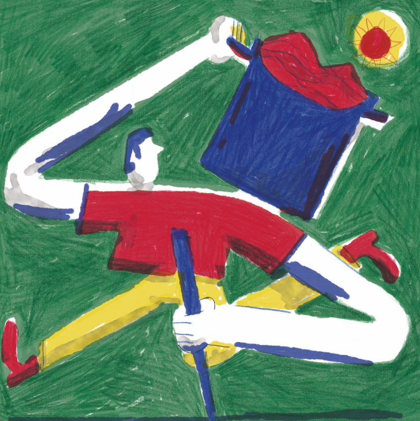 ILUSTRAÇÃO "DOURO I (CARREGAR O MUNDO ÀS COSTAS)" JOÃO COSTA Desenho estilizado de uma figura humana colorida segurando uma caixa azul sobre fundo verde