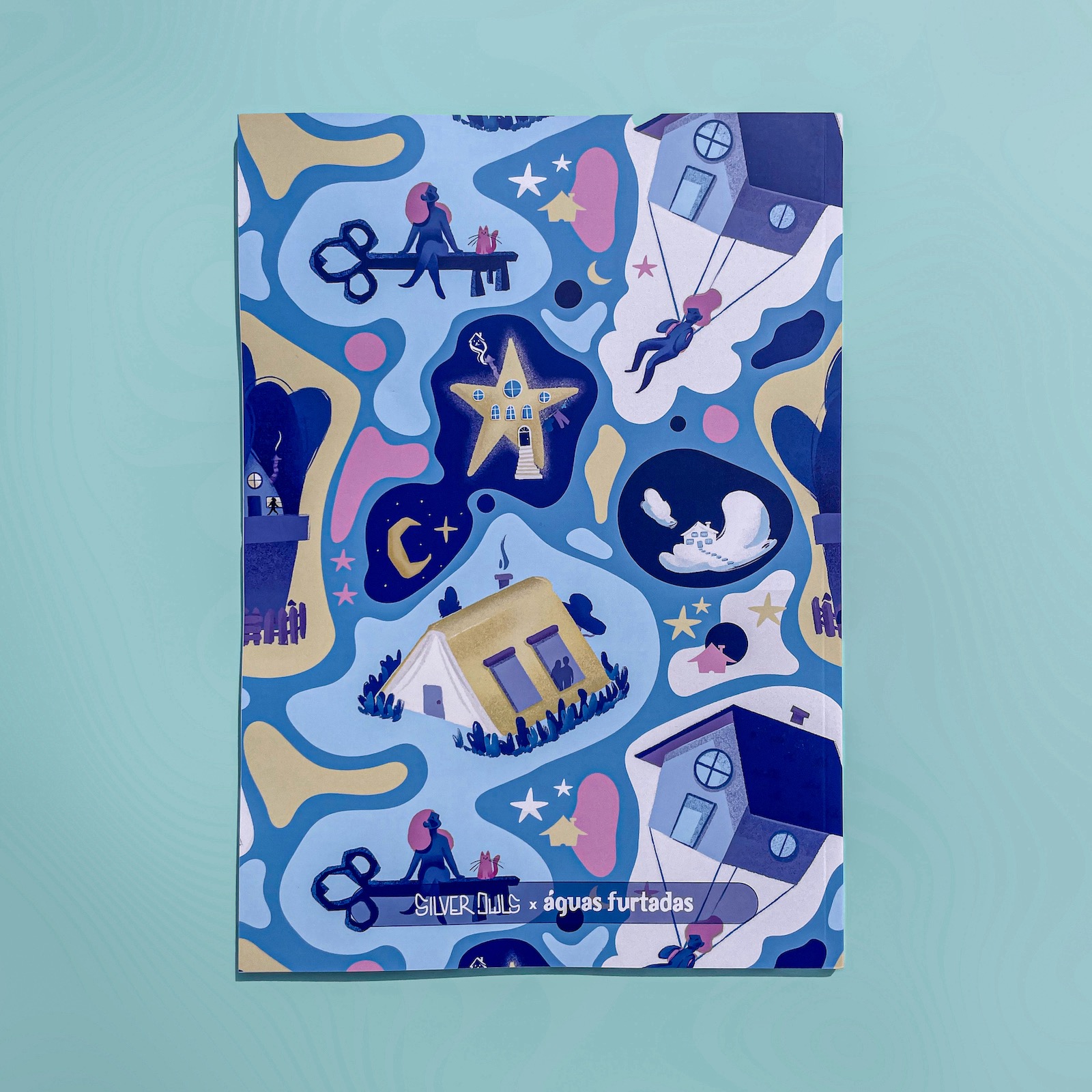 CADERNO A4 "TER UMA CASINHA PARA VIVER" ANDREIA SANTOS Livro com capa colorida ilustrada e texto 'SILVER DAIS • águas furtadas'