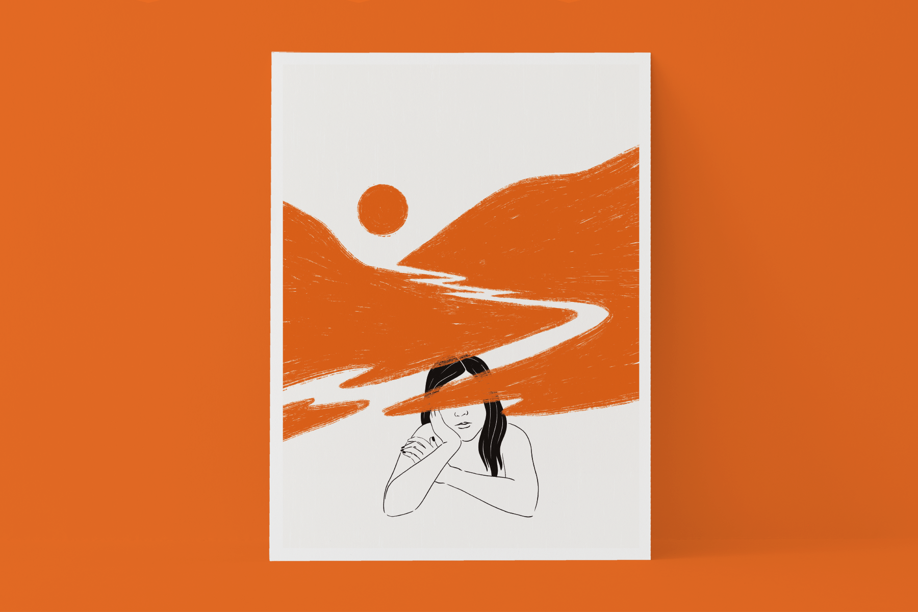 ILUSTRAÇÃO "NUVENS" JOANA MUNDANA Cartaz decorativo minimalista com ilustração em laranja de uma paisagem e figura feminina
