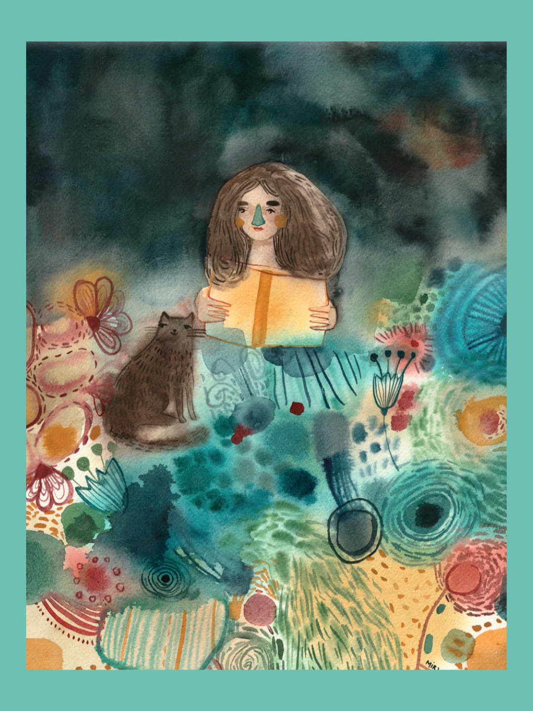 ORIGINAL "BOOK AND CAT II" MIRJAM SIIM Ilustração colorida de menina lendo com gato e fundo abstrato colorido