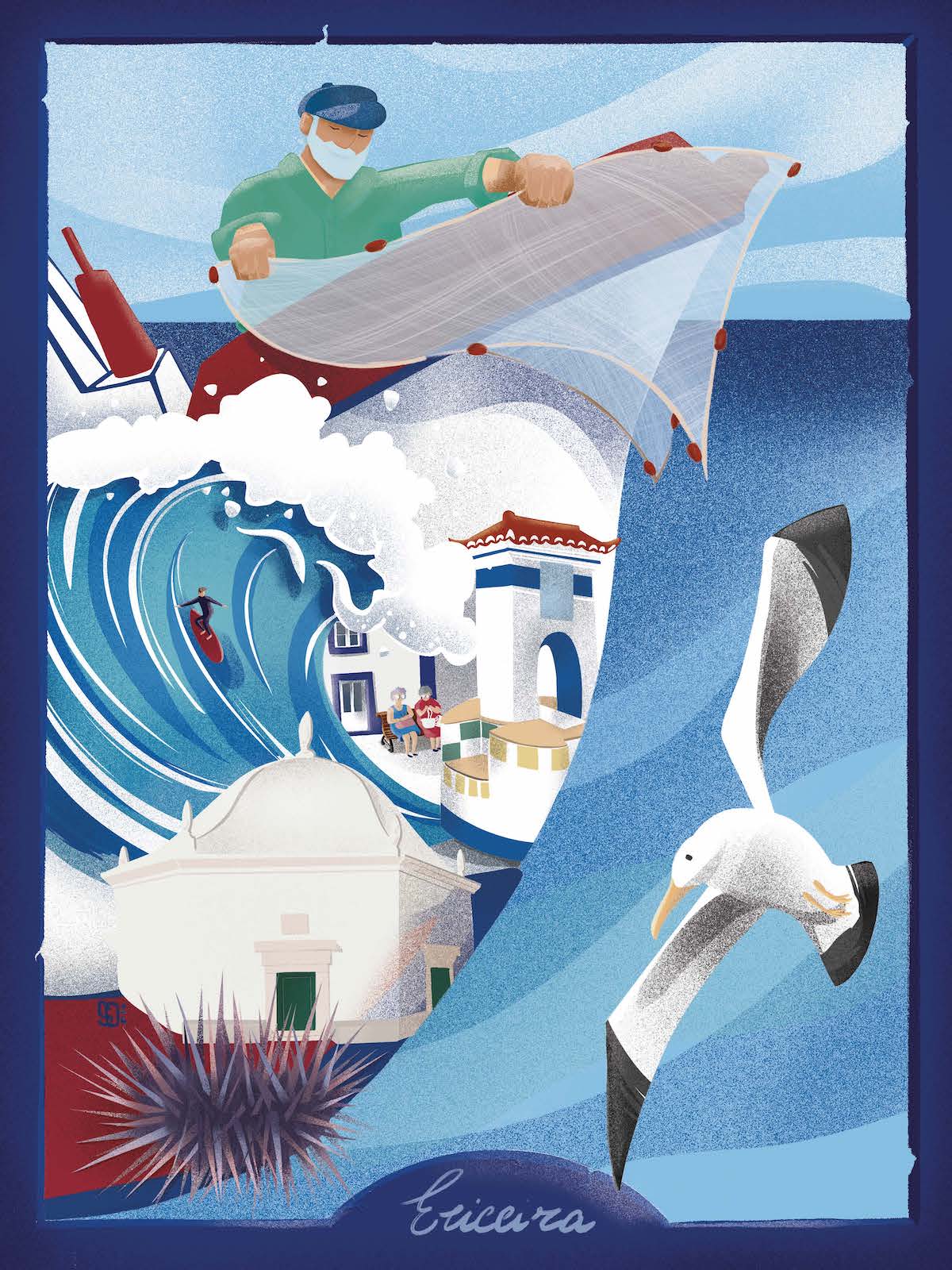 ILUSTRAÇÃO "ERICEIRA" ANDREIA SANTOS Ilustração de pescador, onda, edifício branco, ouriço-do-mar e albatroz com texto 'Ericeira'