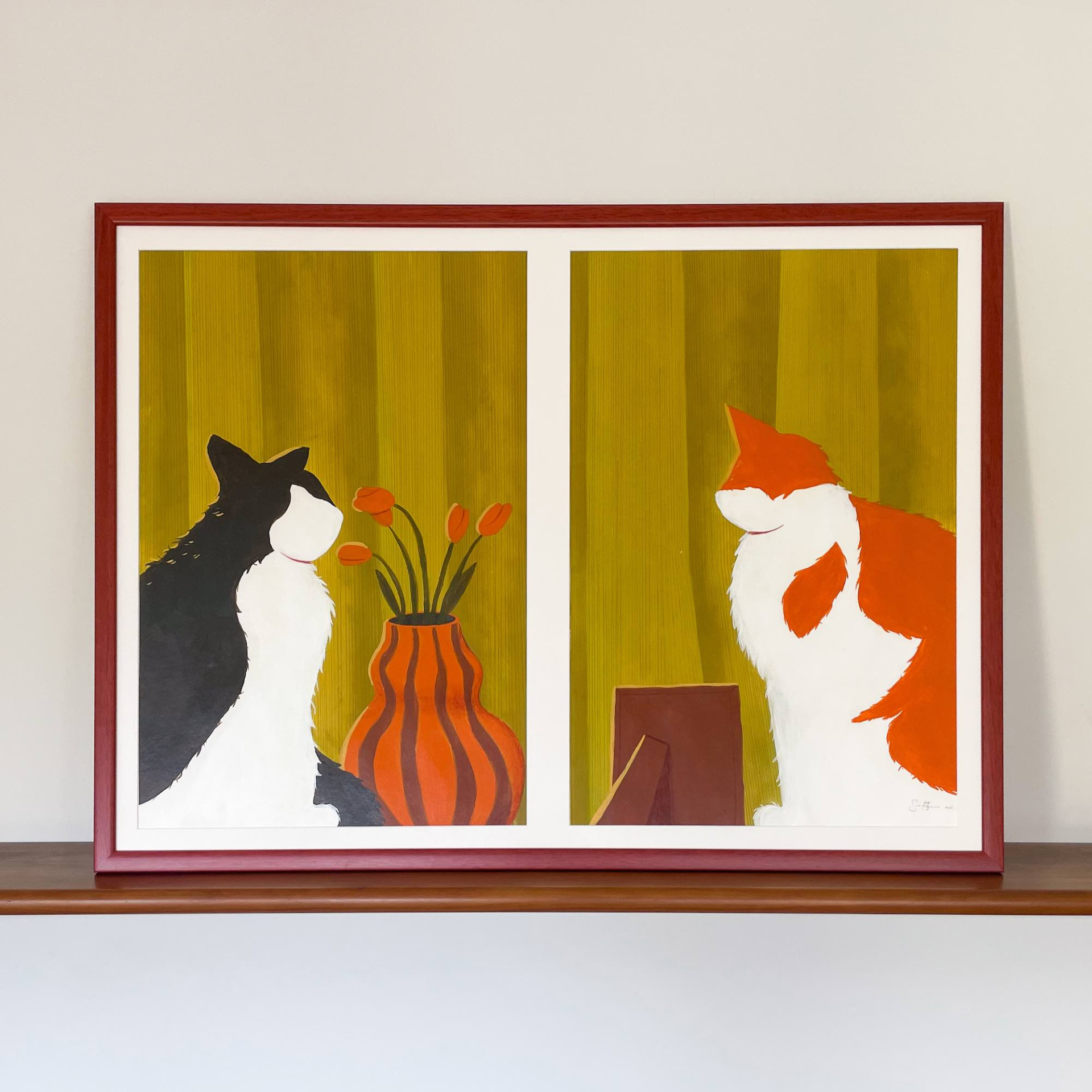 ORIGINAL "BOAVISTA" SARA FELGUEIRAS Quadro de parede com duas pinturas de gatos e vaso com flores