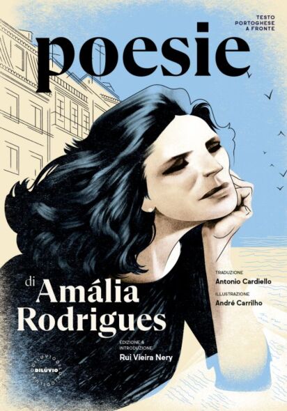 Poesie di Amália Rodrigues (Português/Italiano) Editora Dilúvio Capa de livro ilustrada com mulher de cabelo preto e texto em português e italiano.