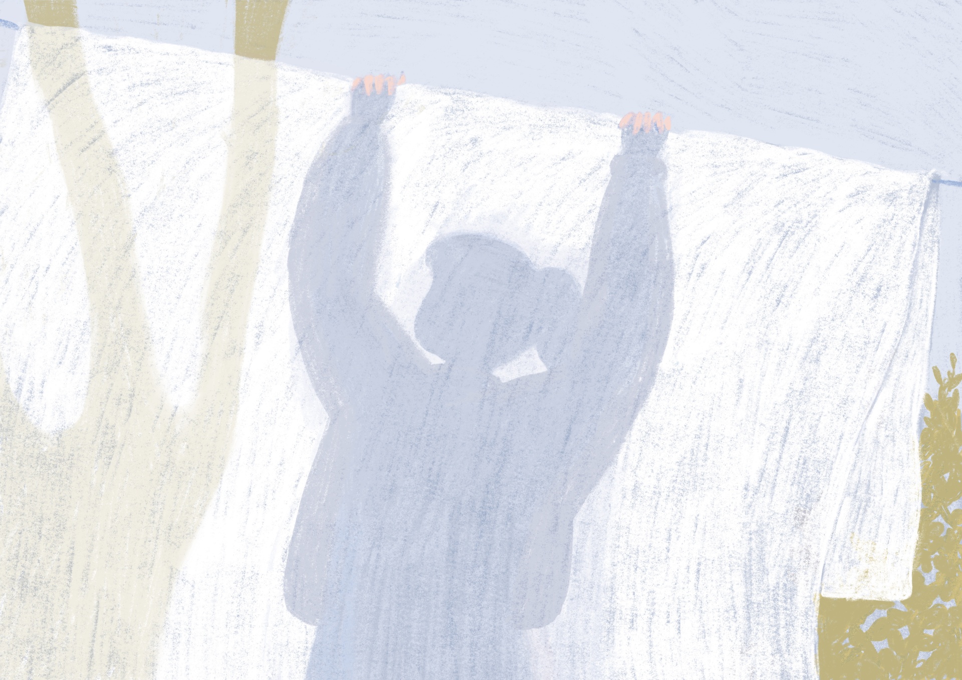 ILUSTRAÇÃO "ESTENDAL" GAMBUZINO Roupa branca pendurada com sombra de pessoa atrás