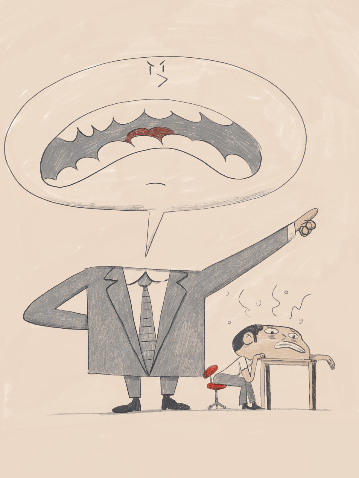 ILUSTRAÇÃO "BALLOON" JOÃO COSTA Desenho de homem com cabeça em forma de balão de fala grande e homem pequeno cansado numa cadeira