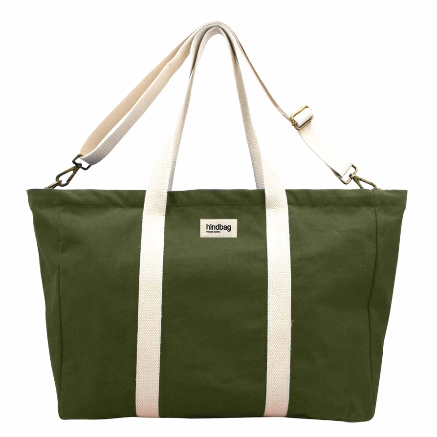 MALA JEAN HINDBAG Mala tipo tote verde-oliva com alças brancas e etiqueta 'hindbag'