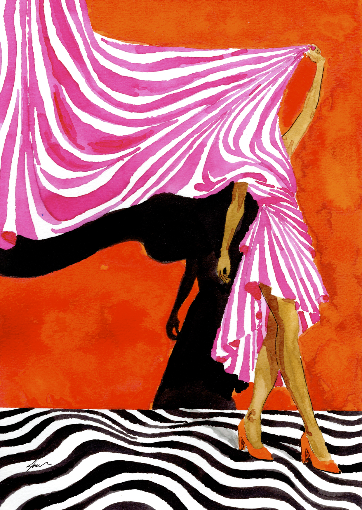 ILUSTRAÇÃO "POR TRÁS DA CORTINA I" JOANA NÓBREGA Ilustração de mulher com vestido rosa e branco e sapatos laranja em fundo laranja com padrão riscas preto e branco.