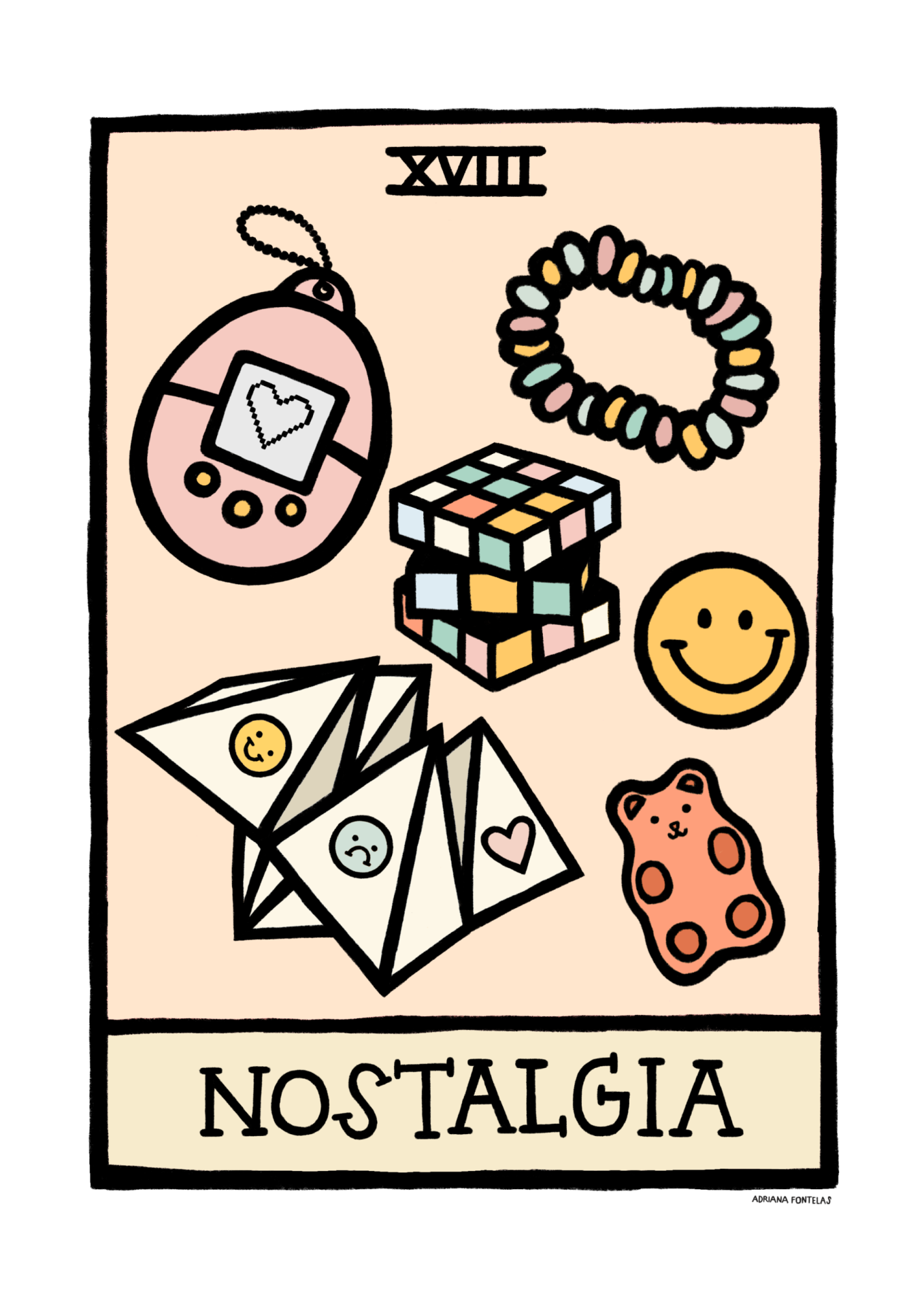 ILUSTRAÇÃO "XVIII - NOSTALGIA" ADRIANA FONTELAS Desenho de brinquedos nostálgicos coloridos sobre fundo bege com texto NOSTALGIA