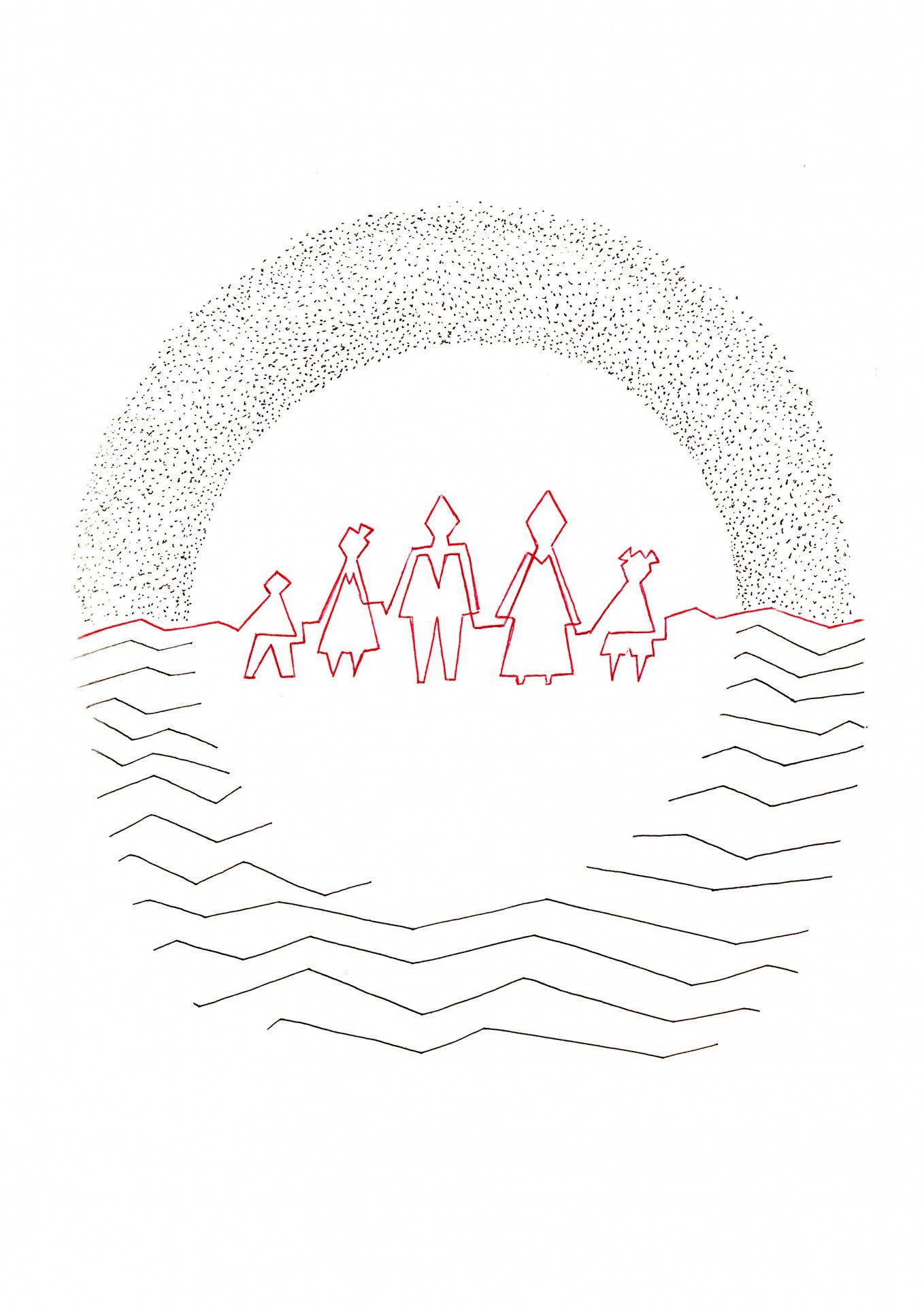 "FAMÍLIA UNIDA" DE ELENA BOR - ALL I WANT FOR CHRISTMAS IS ... Ilustração minimalista de cinco figuras humanas com padrões pontilhados e linhas onduladas